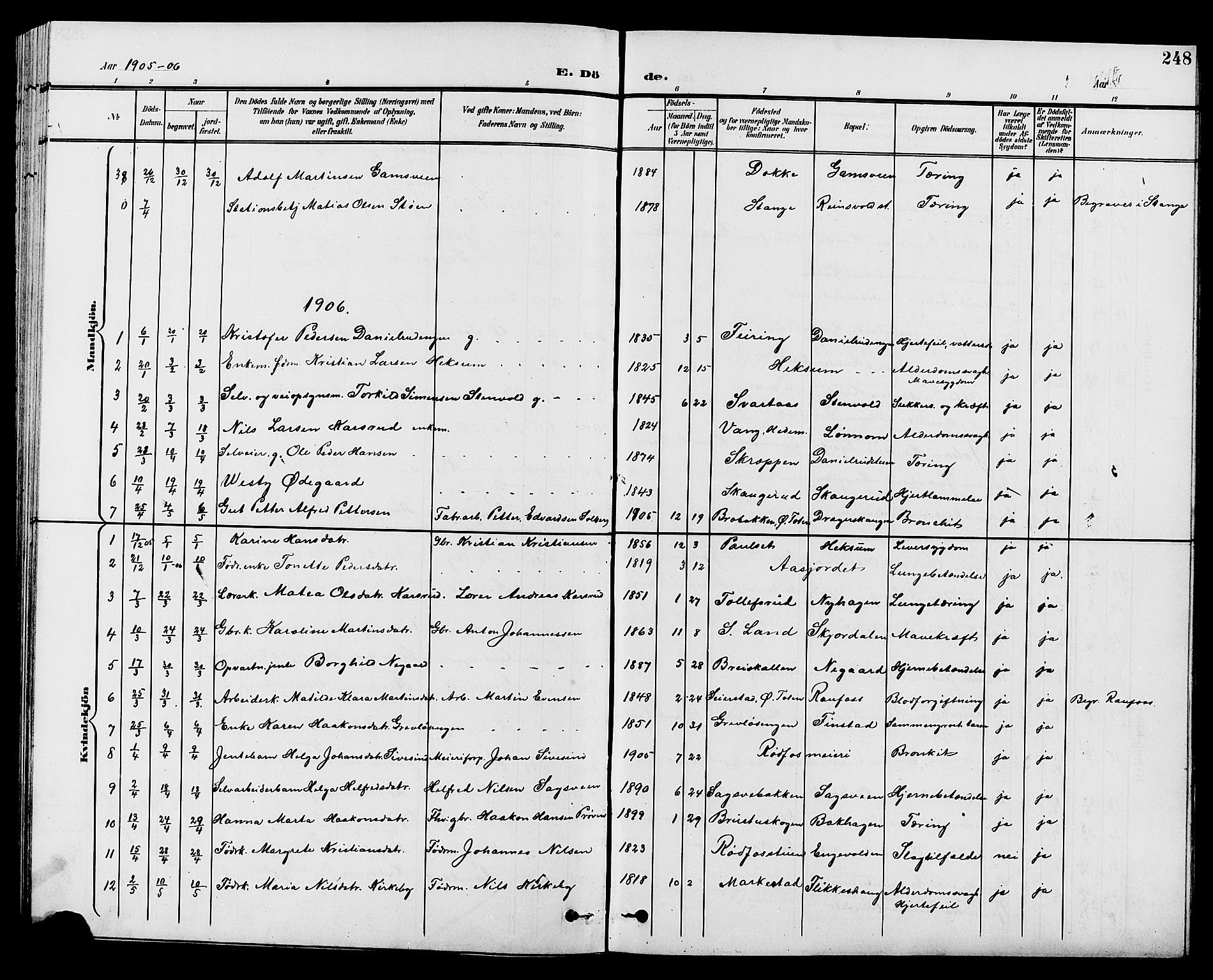 Vestre Toten prestekontor, AV/SAH-PREST-108/H/Ha/Hab/L0010: Parish register (copy) no. 10, 1900-1912, p. 248