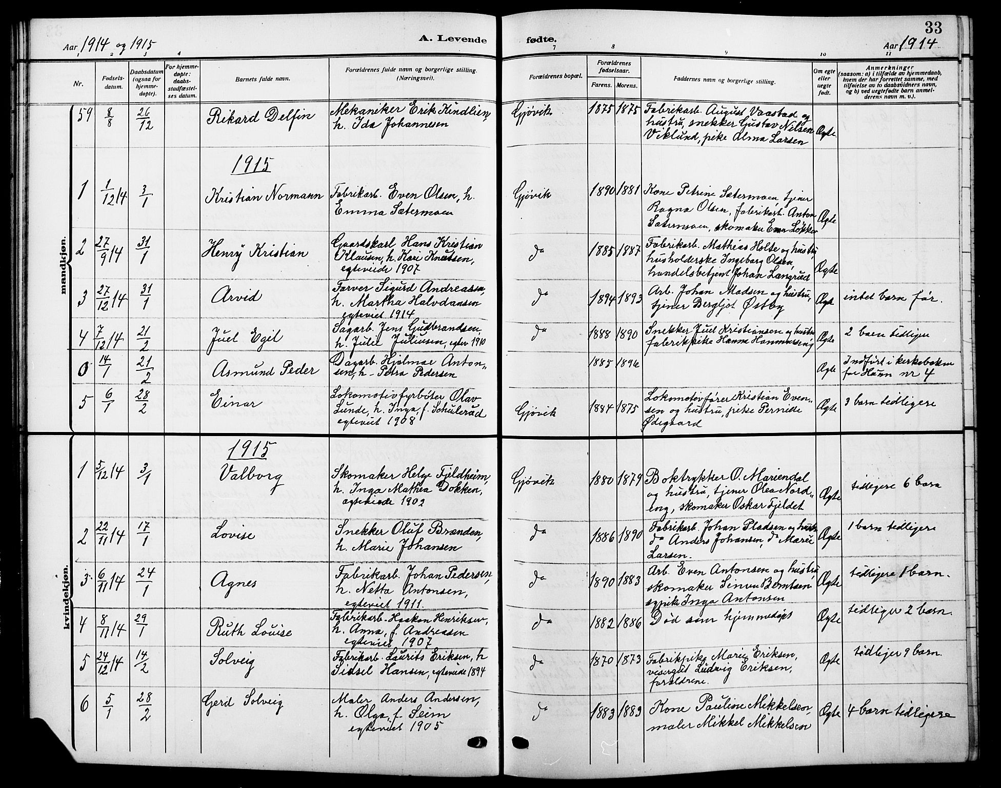 Vardal prestekontor, SAH/PREST-100/H/Ha/Hab/L0014: Parish register (copy) no. 14, 1911-1922, p. 33