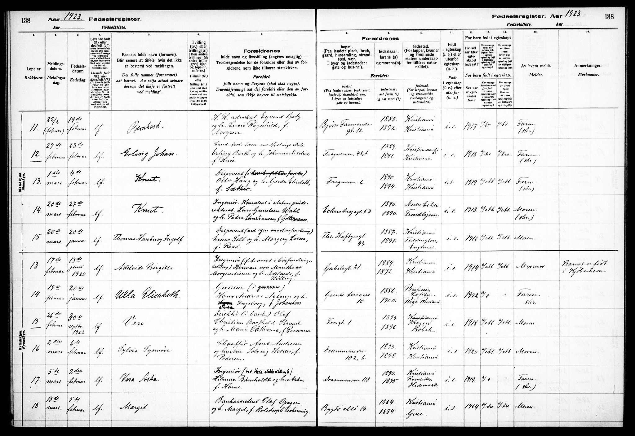 Frogner prestekontor Kirkebøker, SAO/A-10886/J/Ja/L0001: Birth register no. 1, 1916-1927, p. 138