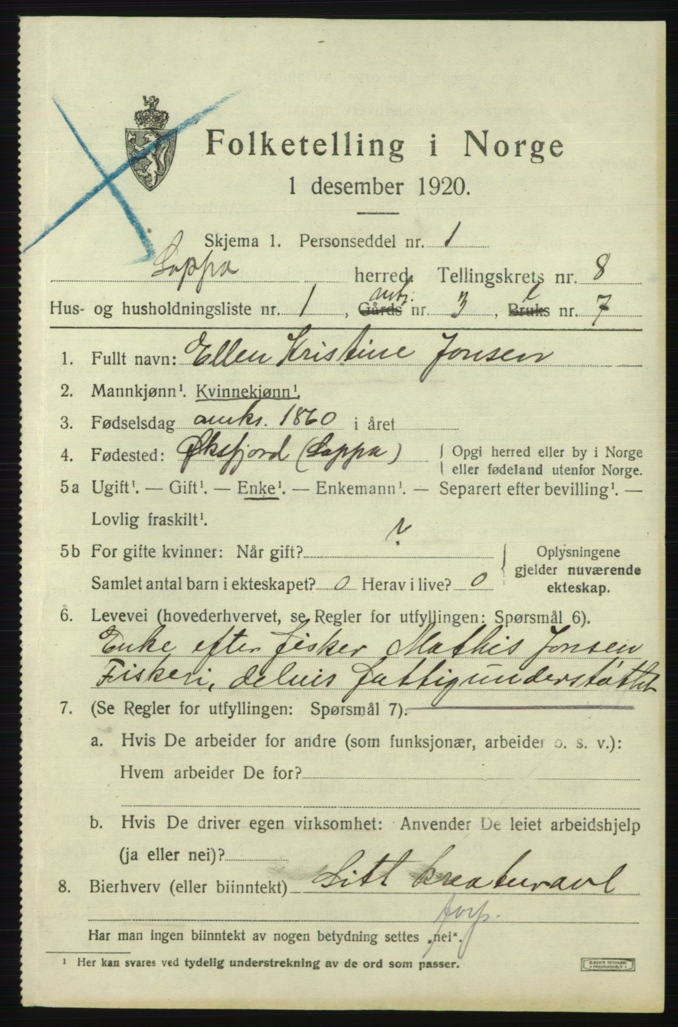 SATØ, 1920 census for Loppa, 1920, p. 3688