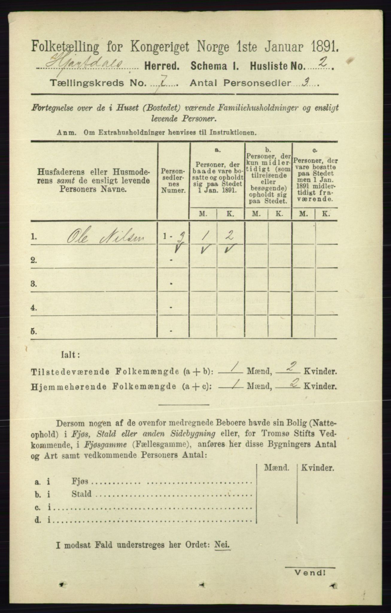 RA, 1891 census for 0827 Hjartdal, 1891, p. 2497