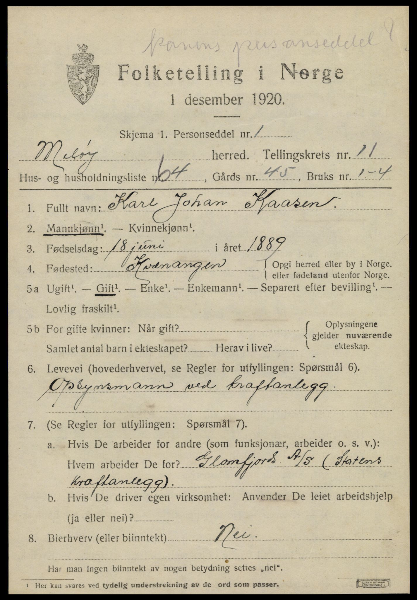 SAT, 1920 census for Meløy, 1920, p. 6835