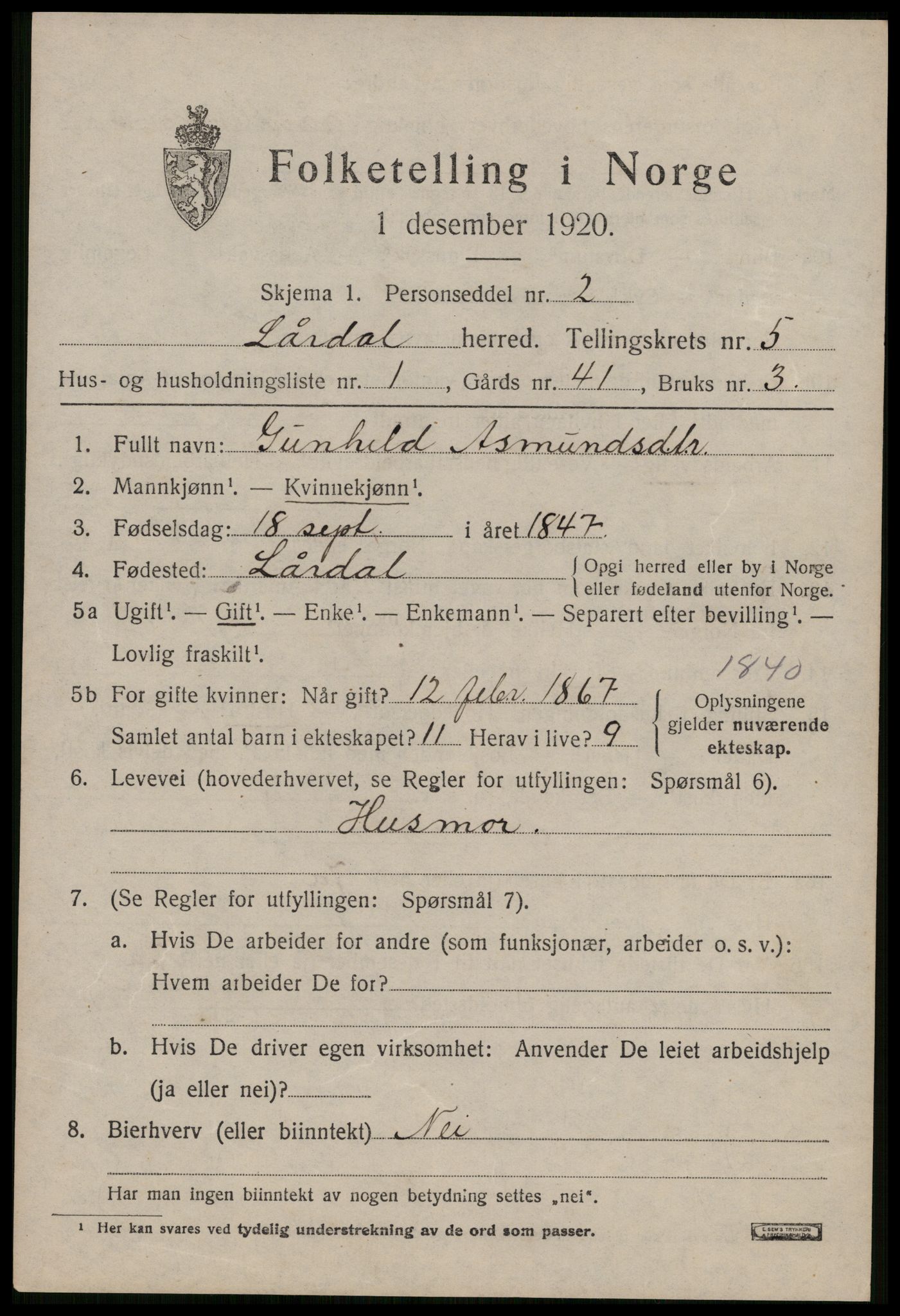 SAKO, 1920 census for Lårdal, 1920, p. 2403