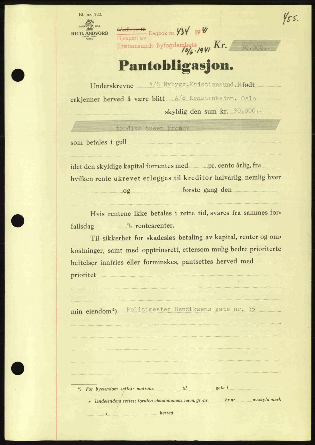 Kristiansund byfogd, AV/SAT-A-4587/A/27: Mortgage book no. 33, 1939-1941, Diary no: : 434/1941