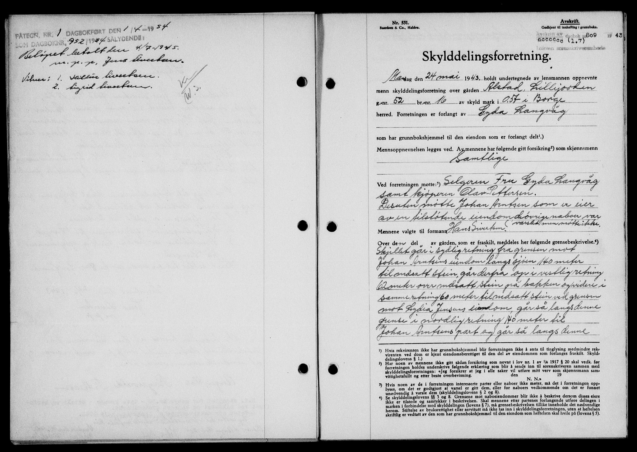 Lofoten sorenskriveri, SAT/A-0017/1/2/2C/L0011a: Mortgage book no. 11a, 1943-1943, Diary no: : 809/1943