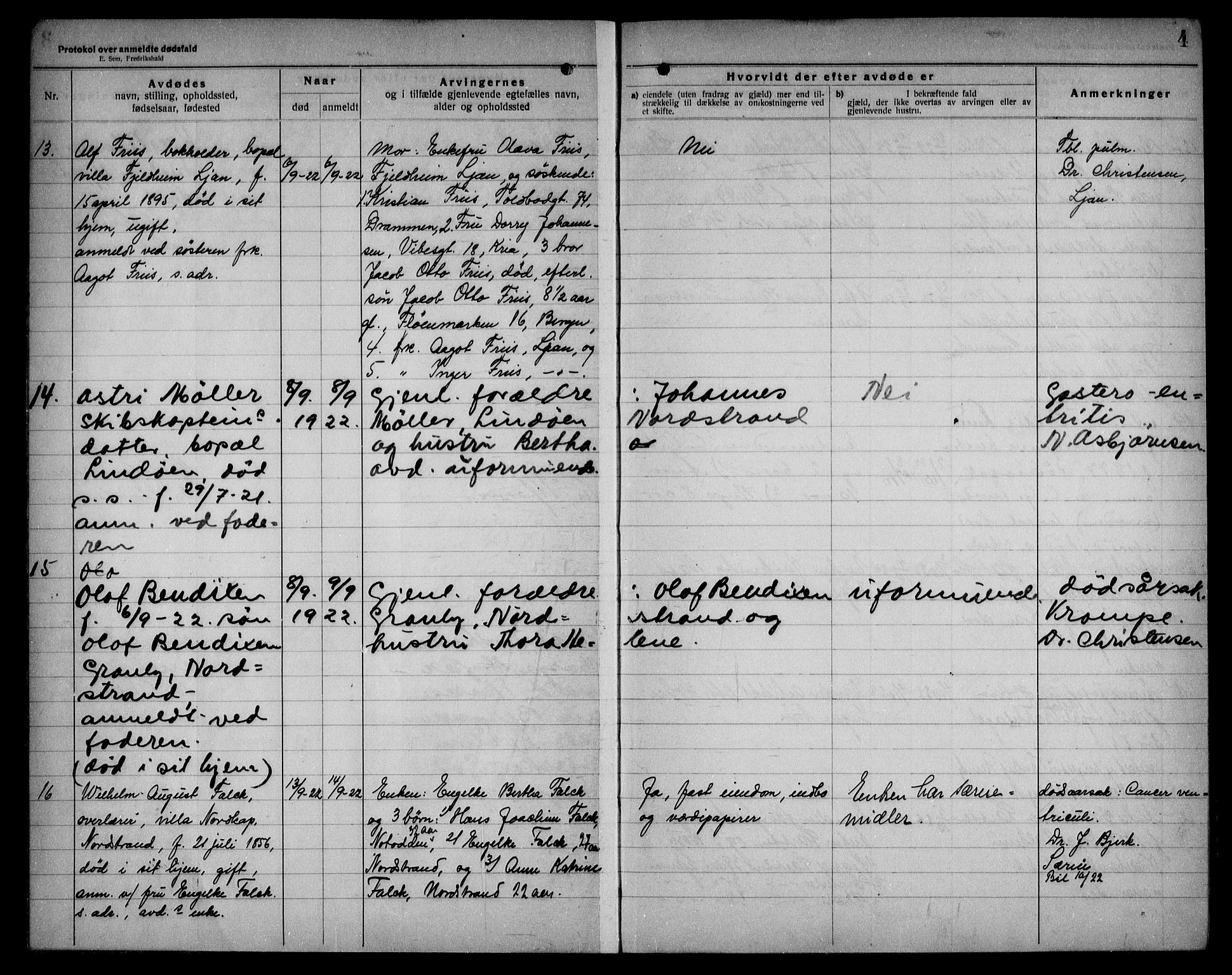 Aker kriminaldommer, skifte- og auksjonsforvalterembete, AV/SAO-A-10452/H/Hb/Hba/Hbad/L0001: Dødsfallsprotokoll for Nordstrand, 1922-1929, p. 4