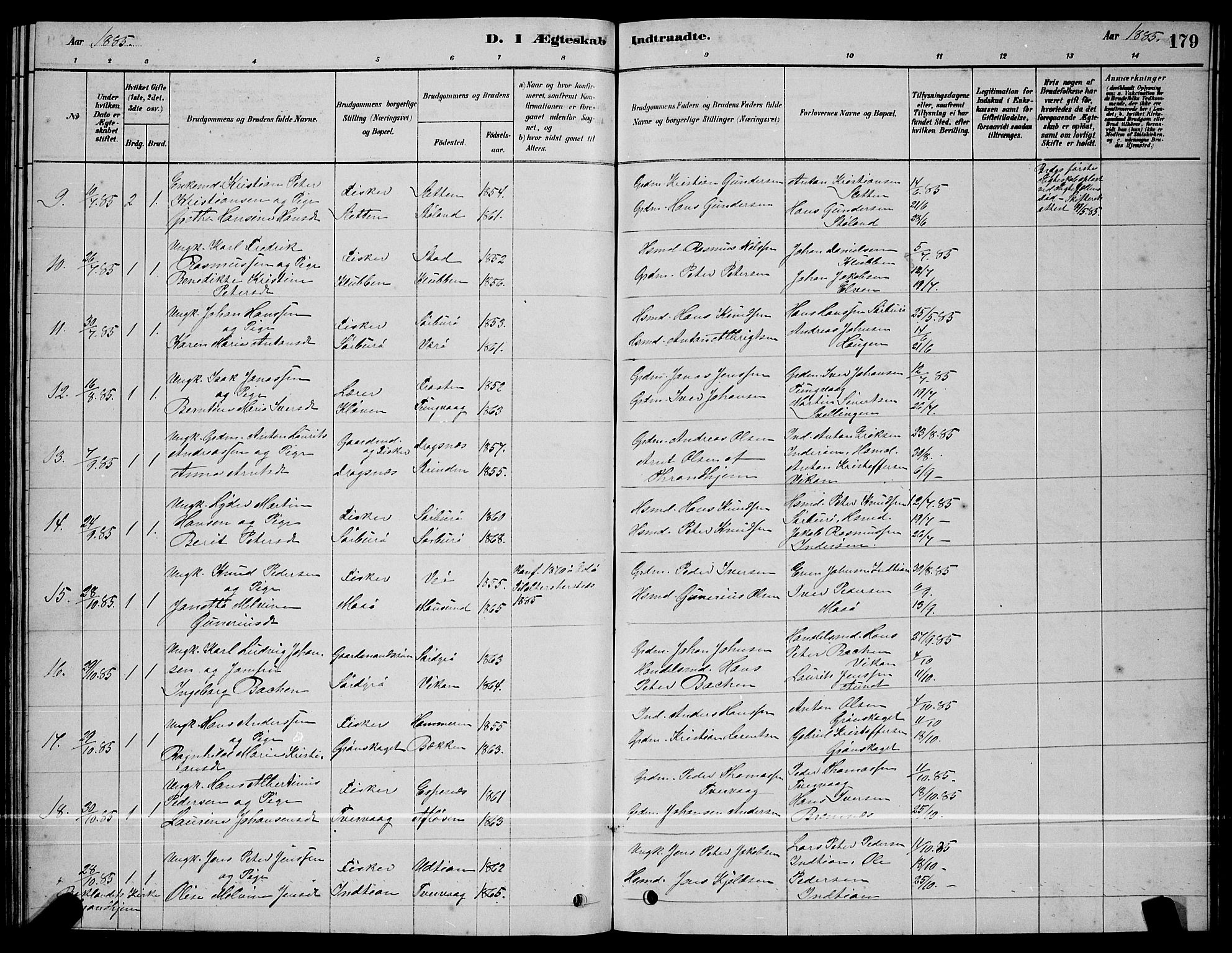 Ministerialprotokoller, klokkerbøker og fødselsregistre - Sør-Trøndelag, AV/SAT-A-1456/640/L0585: Parish register (copy) no. 640C03, 1878-1891, p. 179