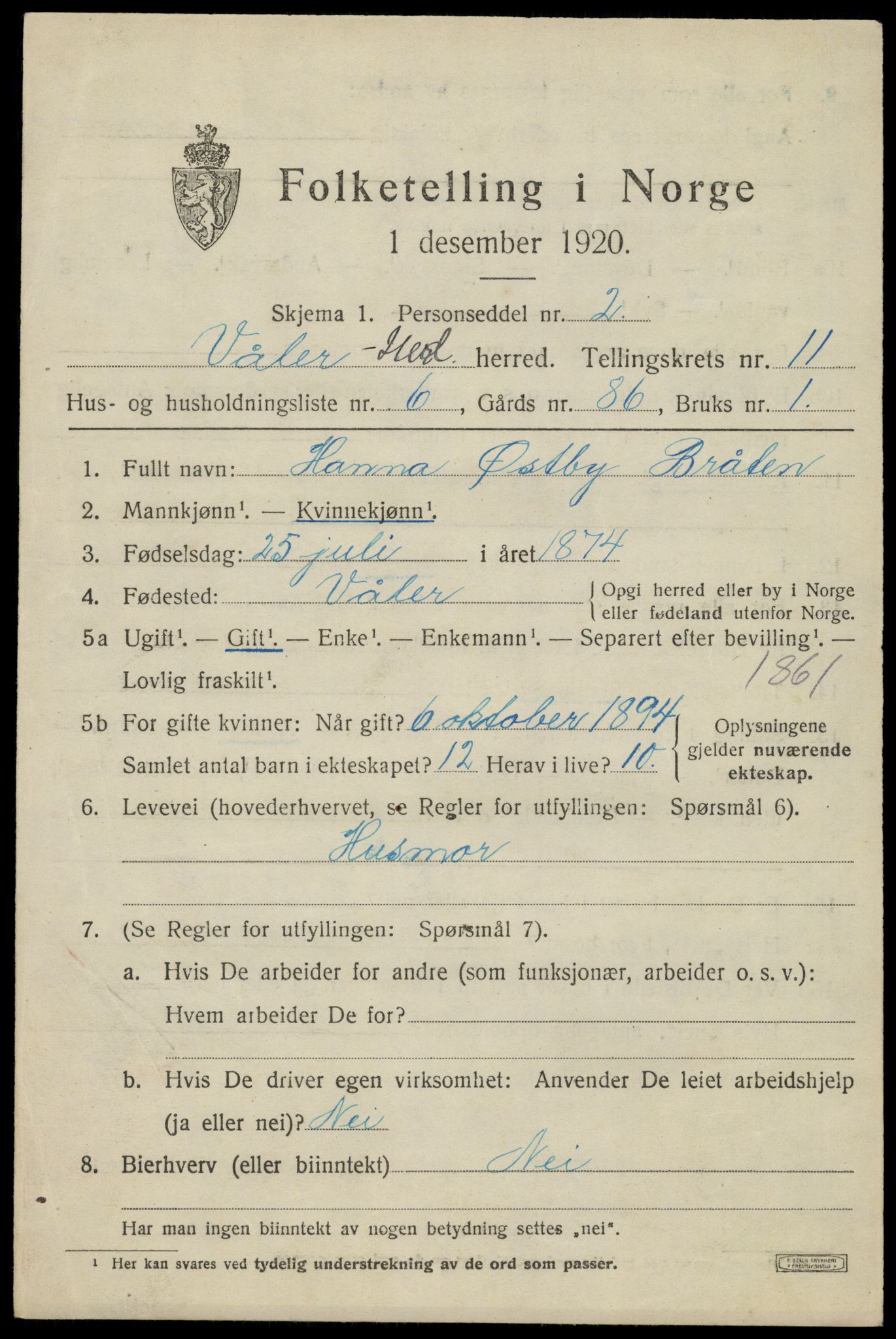 SAH, 1920 census for Våler (Hedmark), 1920, p. 10333