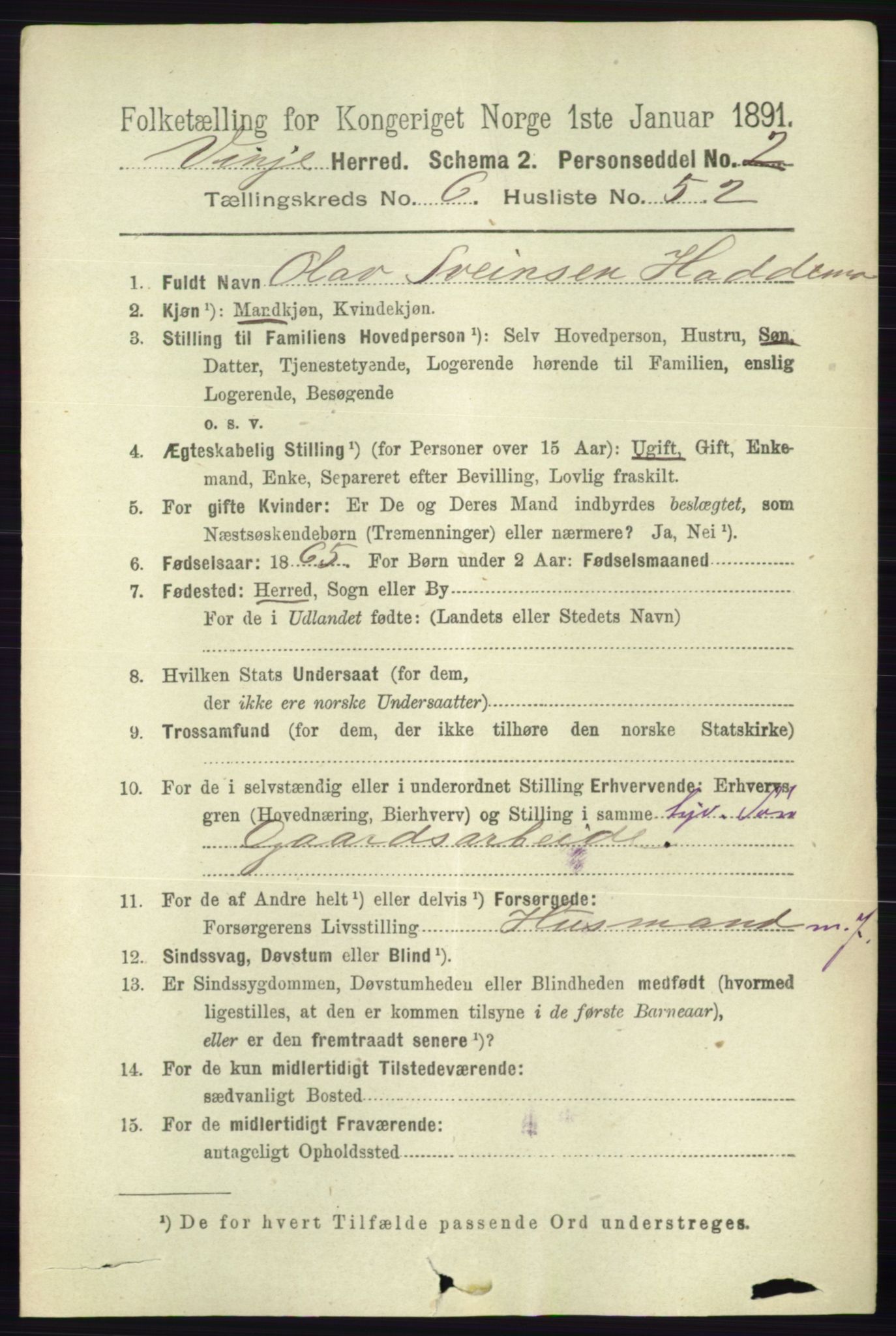 RA, 1891 census for 0834 Vinje, 1891, p. 1746