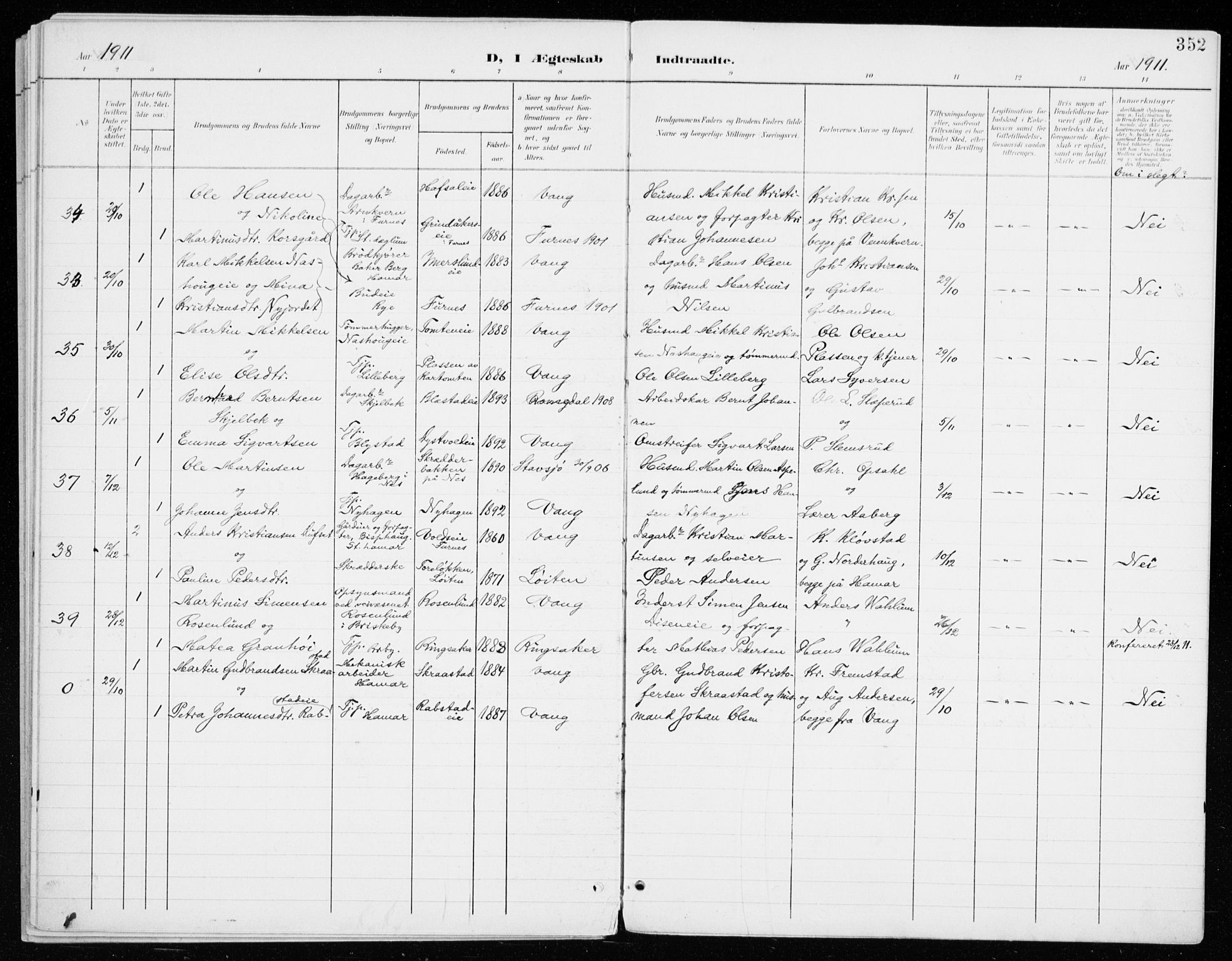 Vang prestekontor, Hedmark, AV/SAH-PREST-008/H/Ha/Haa/L0021: Parish register (official) no. 21, 1902-1917, p. 352