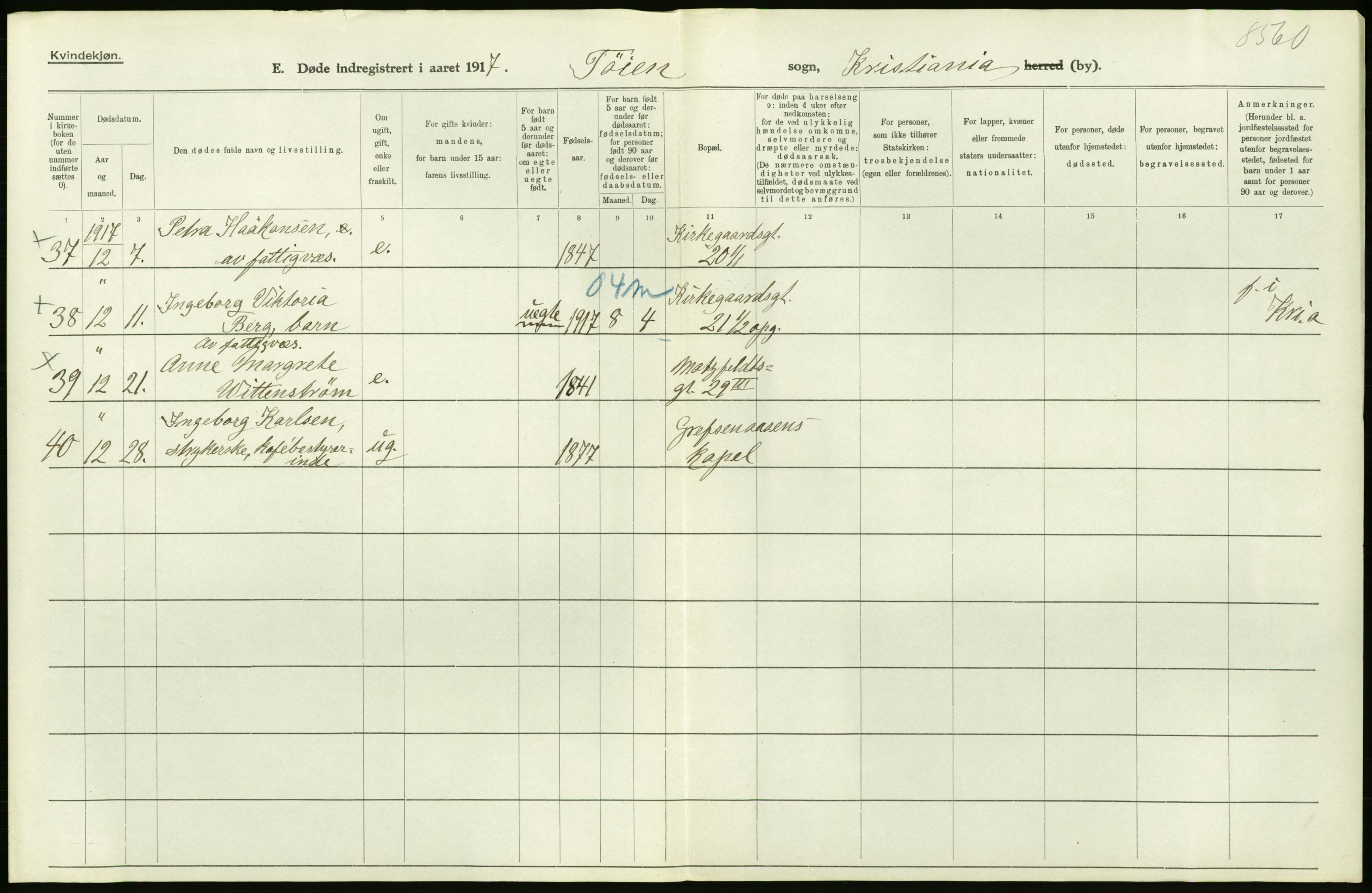 Statistisk sentralbyrå, Sosiodemografiske emner, Befolkning, RA/S-2228/D/Df/Dfb/Dfbg/L0011: Kristiania: Døde, dødfødte., 1917, p. 98