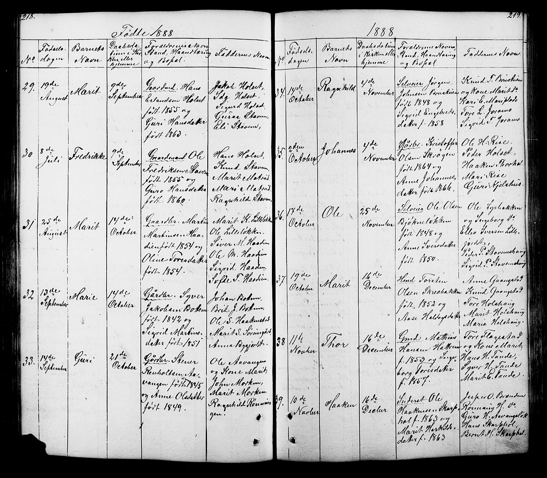 Lesja prestekontor, SAH/PREST-068/H/Ha/Hab/L0005: Parish register (copy) no. 5, 1850-1894, p. 218-219