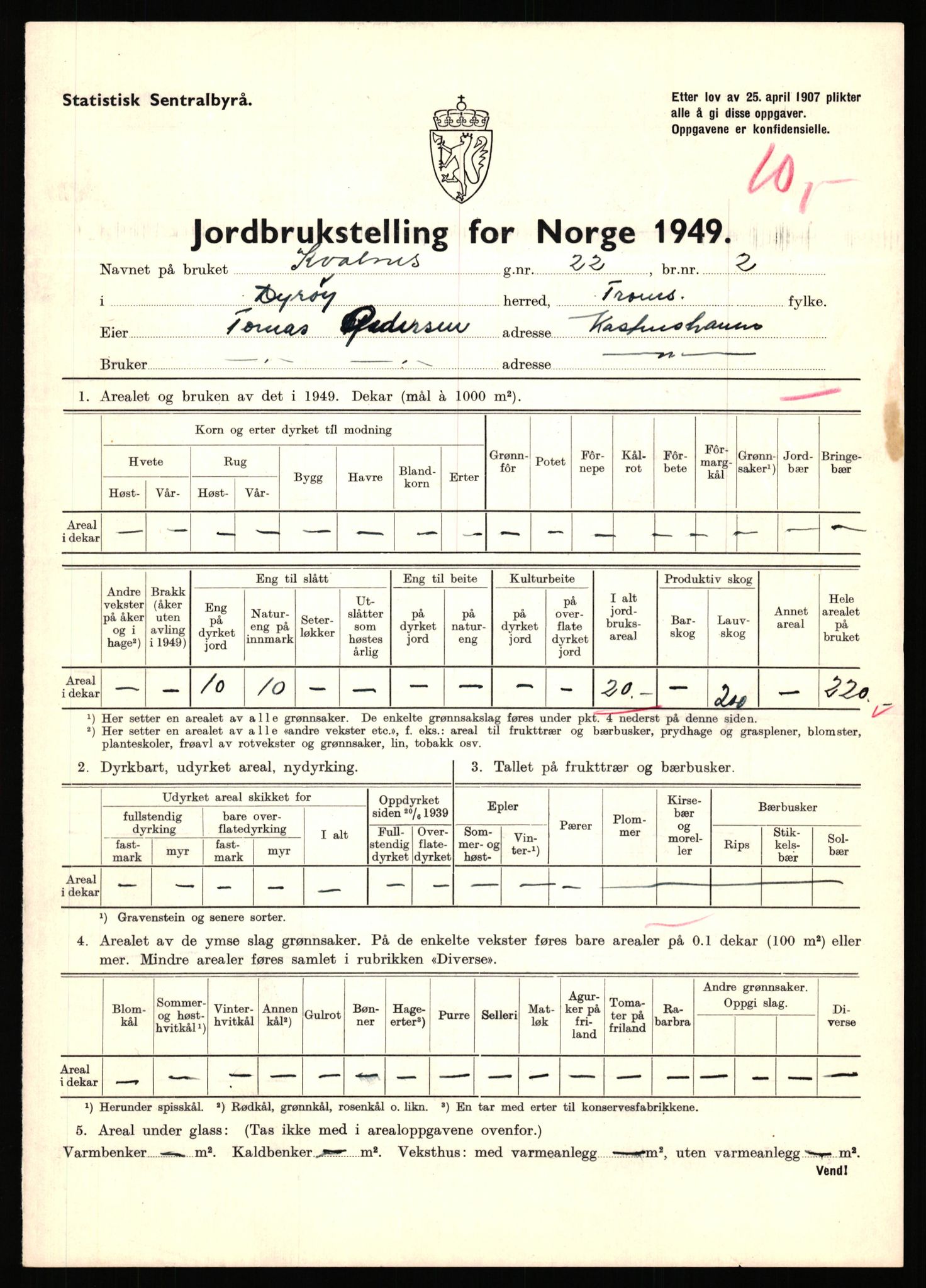 Statistisk sentralbyrå, Næringsøkonomiske emner, Jordbruk, skogbruk, jakt, fiske og fangst, AV/RA-S-2234/G/Gc/L0440: Troms: Sørreisa og Dyrøy, 1949, p. 1241