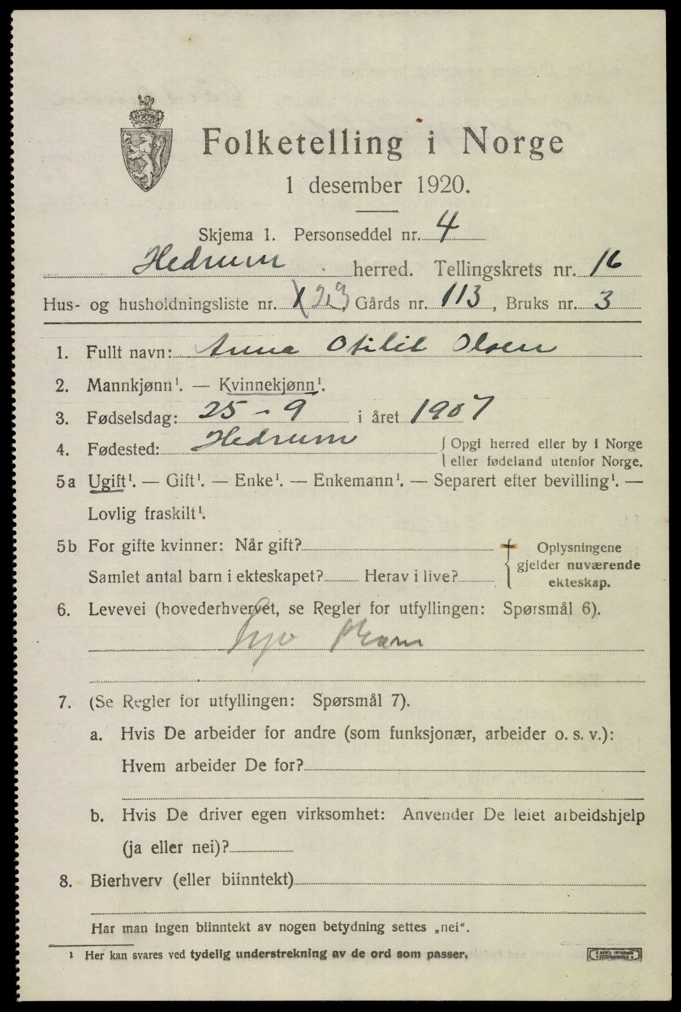 SAKO, 1920 census for Hedrum, 1920, p. 10511