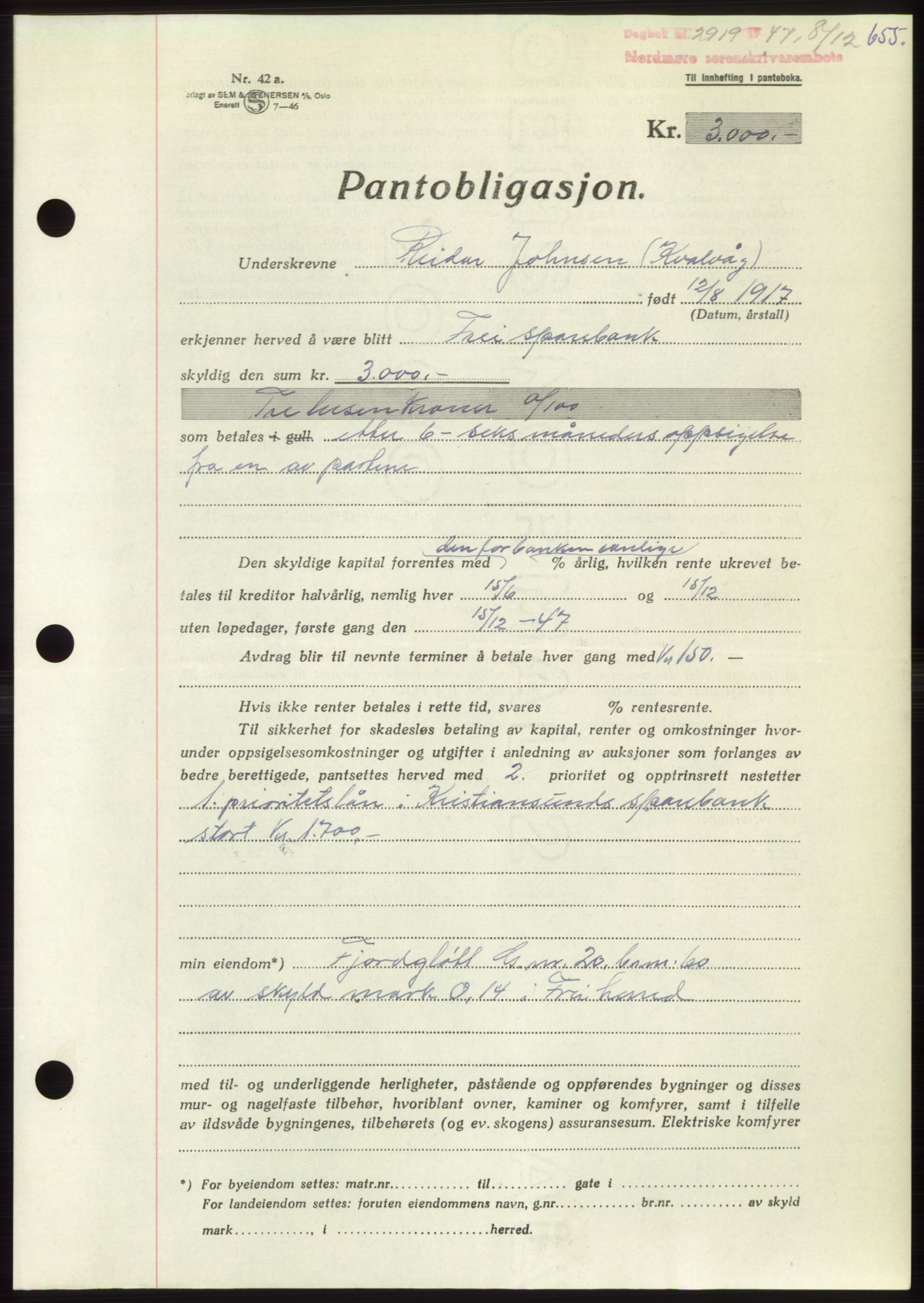 Nordmøre sorenskriveri, AV/SAT-A-4132/1/2/2Ca: Mortgage book no. B97, 1947-1948, Diary no: : 2919/1947