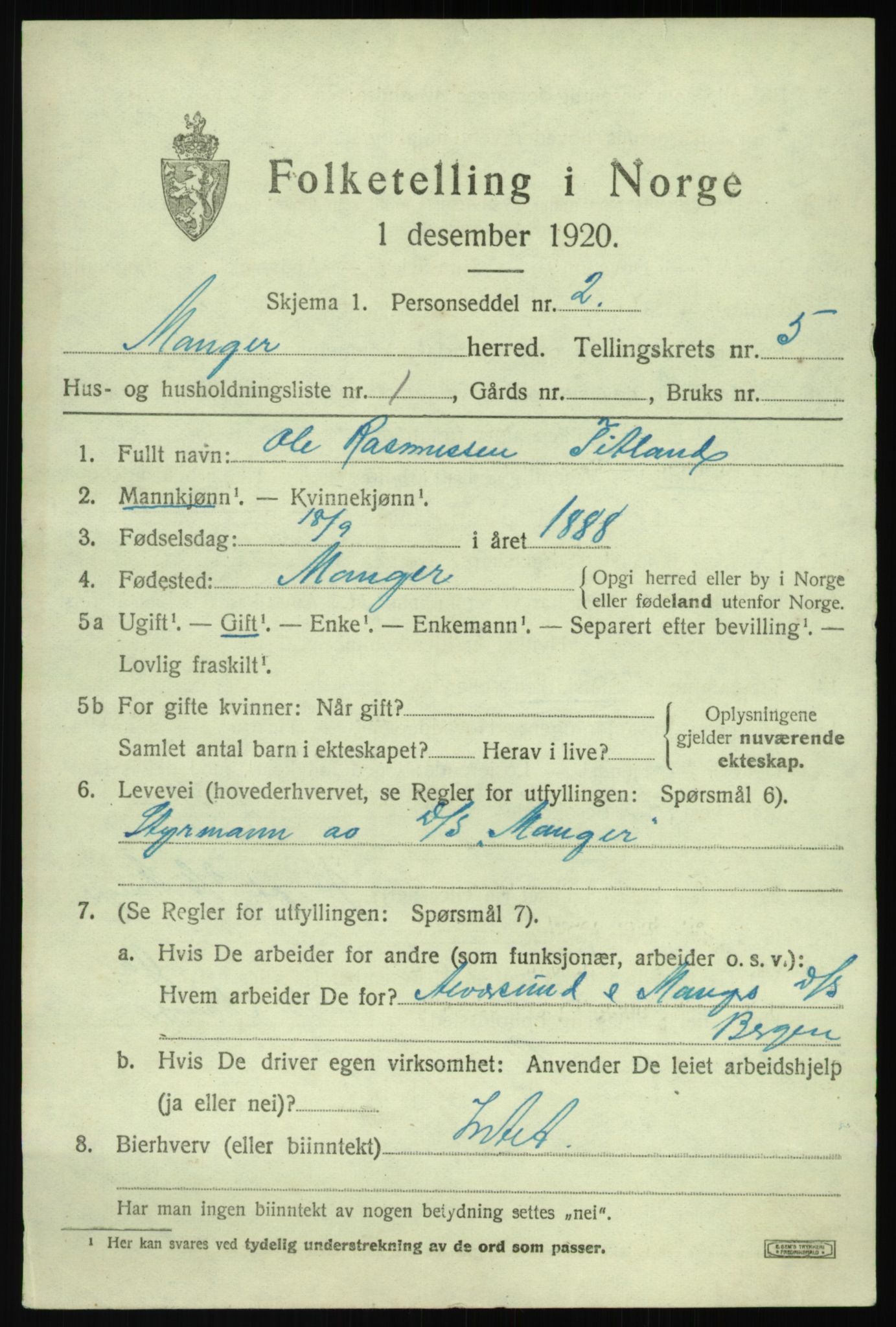 SAB, 1920 census for Manger, 1920, p. 3257