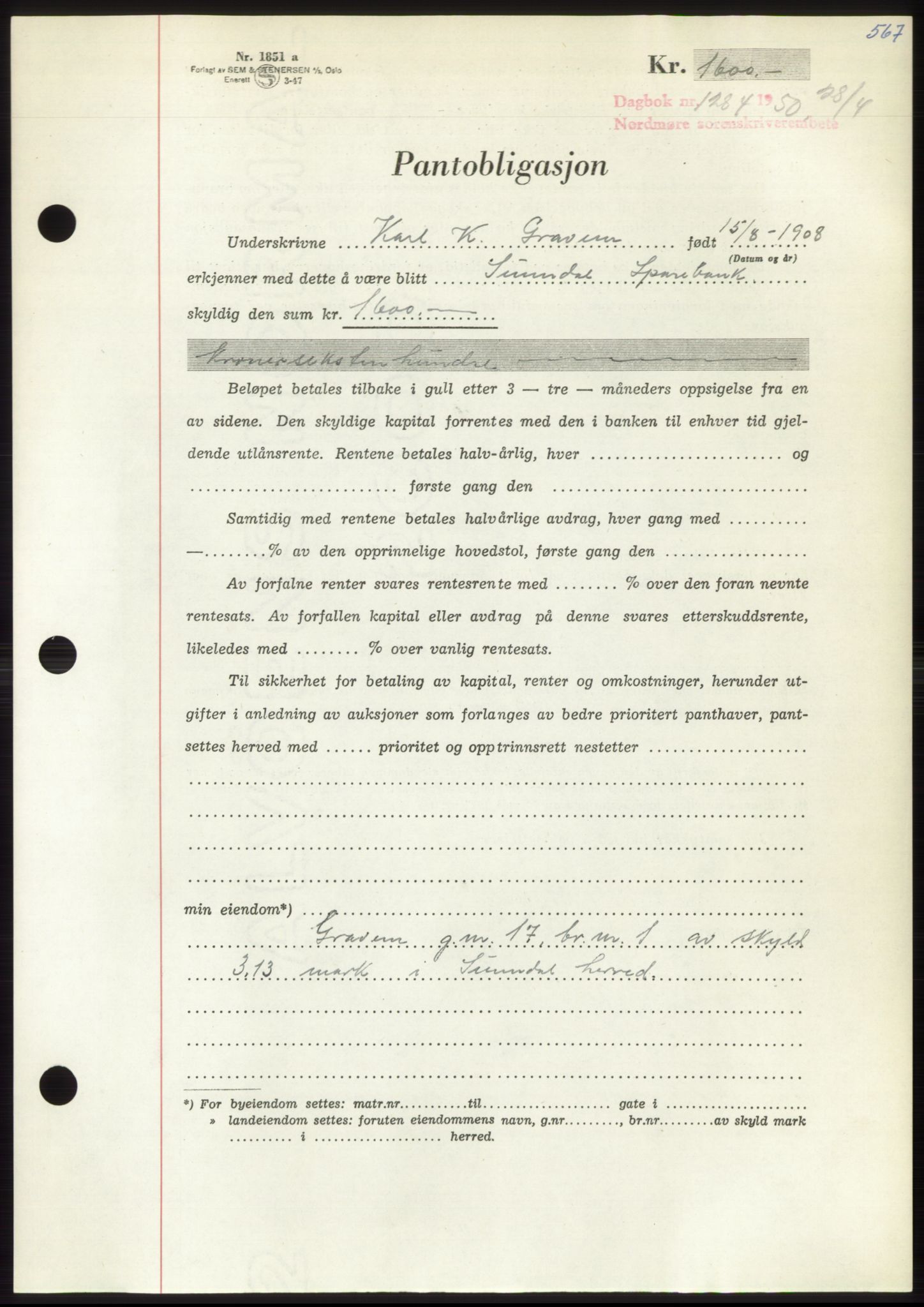 Nordmøre sorenskriveri, AV/SAT-A-4132/1/2/2Ca: Mortgage book no. B104, 1950-1950, Diary no: : 1284/1950