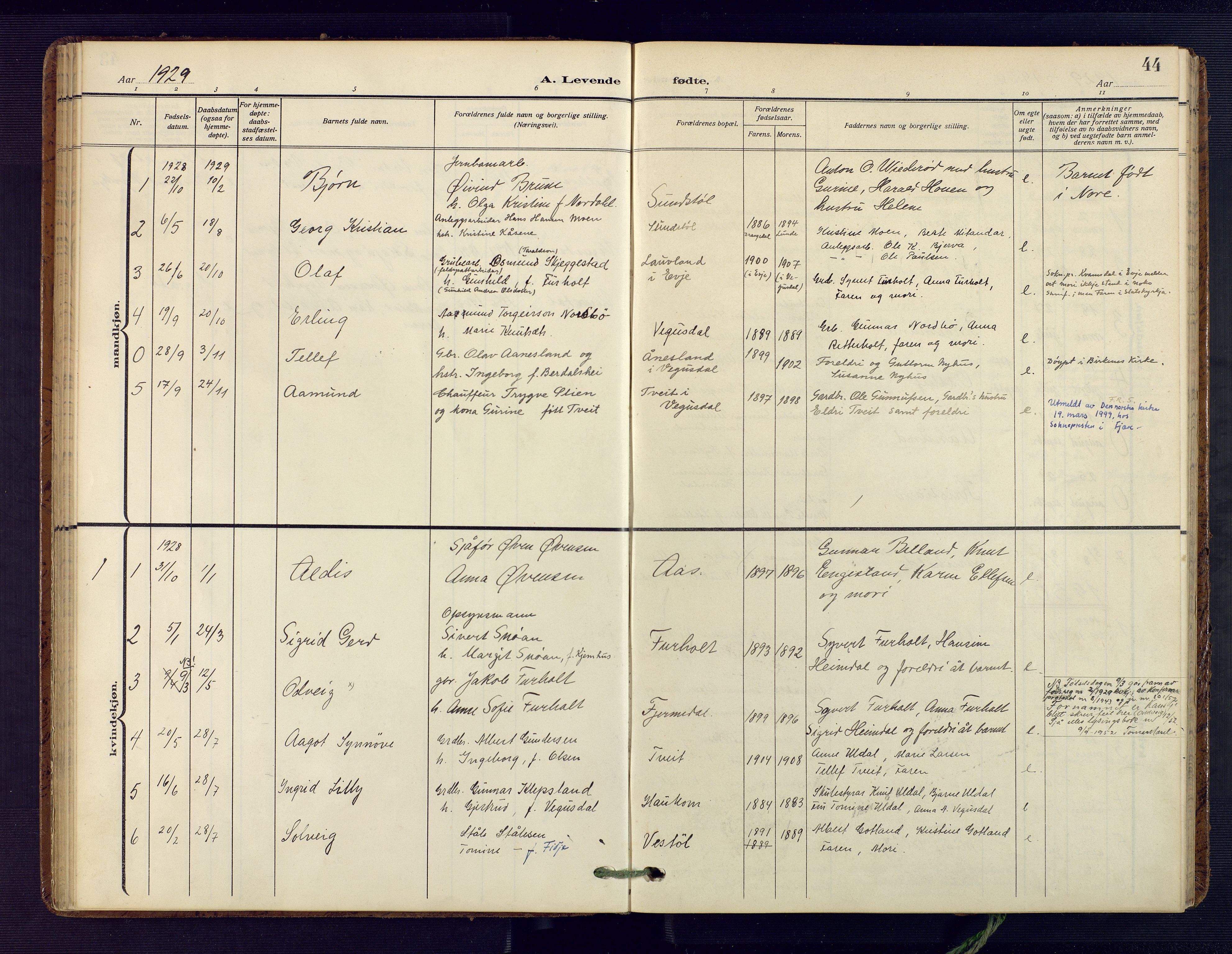 Herefoss sokneprestkontor, AV/SAK-1111-0019/F/Fa/Fab/L0005: Parish register (official) no. A 5, 1910-1932, p. 44
