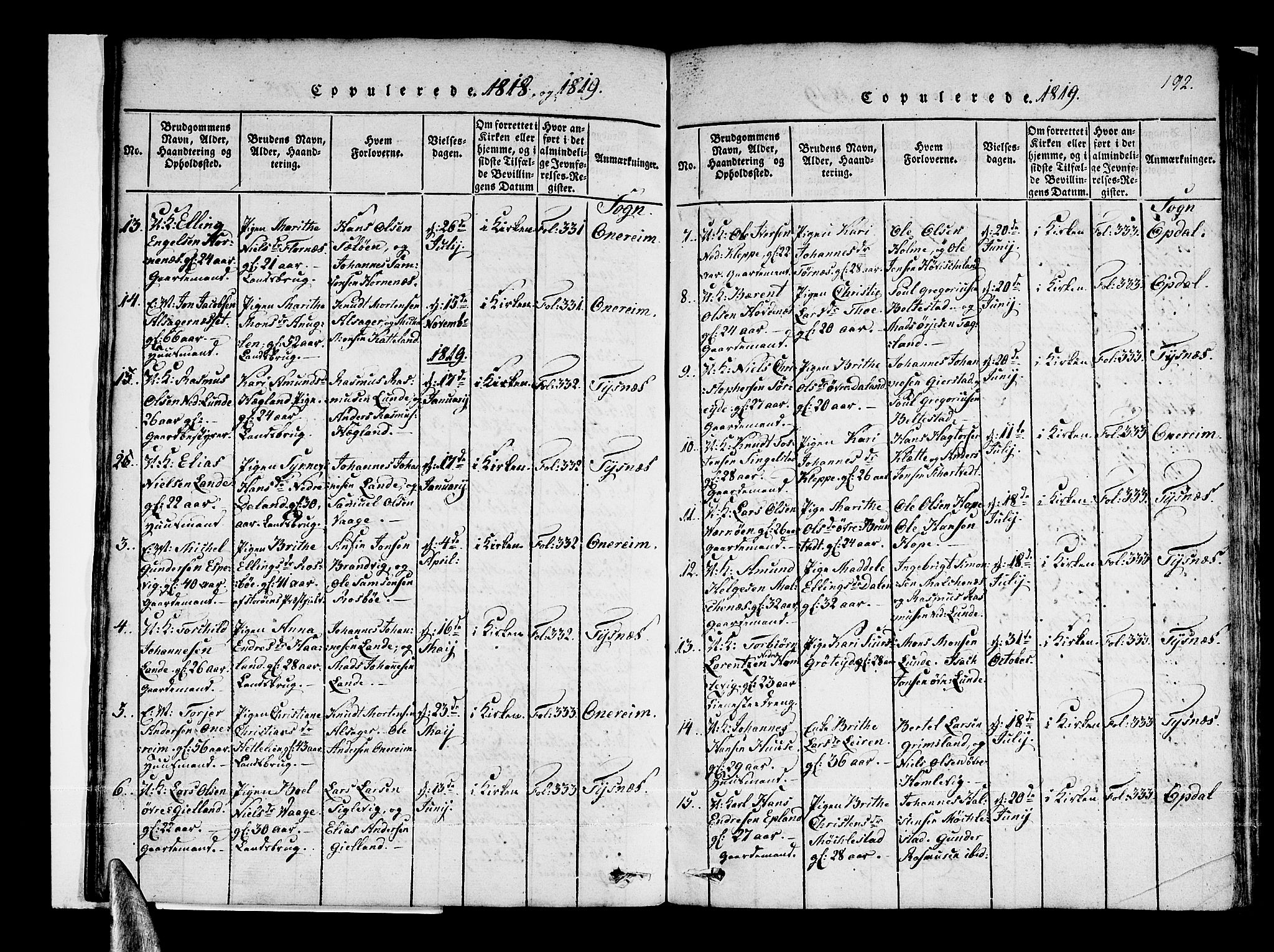 Tysnes sokneprestembete, SAB/A-78601/H/Haa: Parish register (official) no. A 7, 1816-1826, p. 192