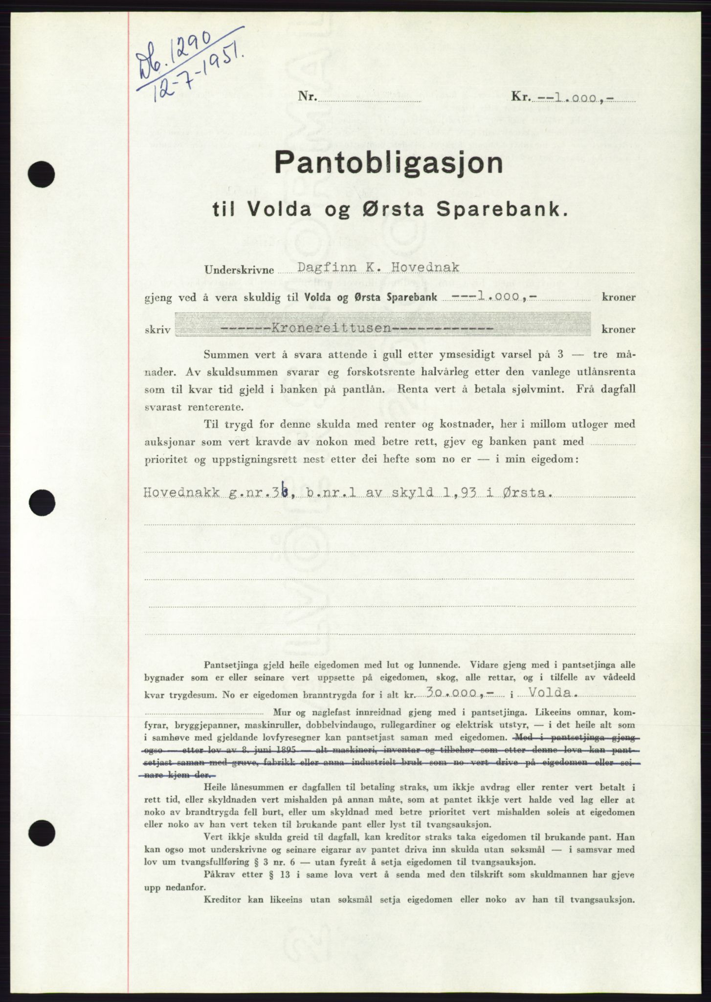 Søre Sunnmøre sorenskriveri, AV/SAT-A-4122/1/2/2C/L0120: Mortgage book no. 8B, 1951-1951, Diary no: : 1290/1951