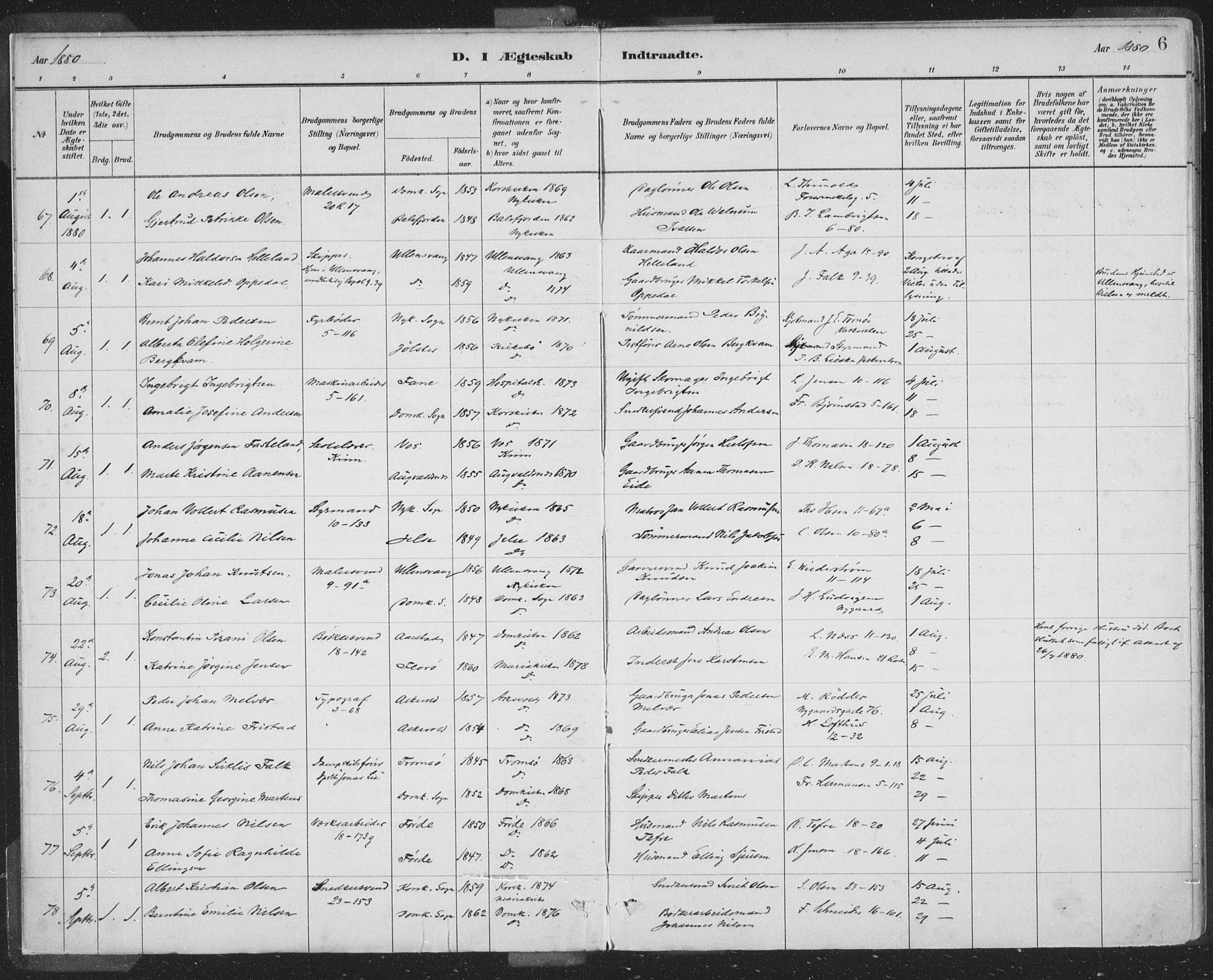 Domkirken sokneprestembete, AV/SAB-A-74801/H/Hab/L0032: Parish register (copy) no. D 4, 1880-1907, p. 6