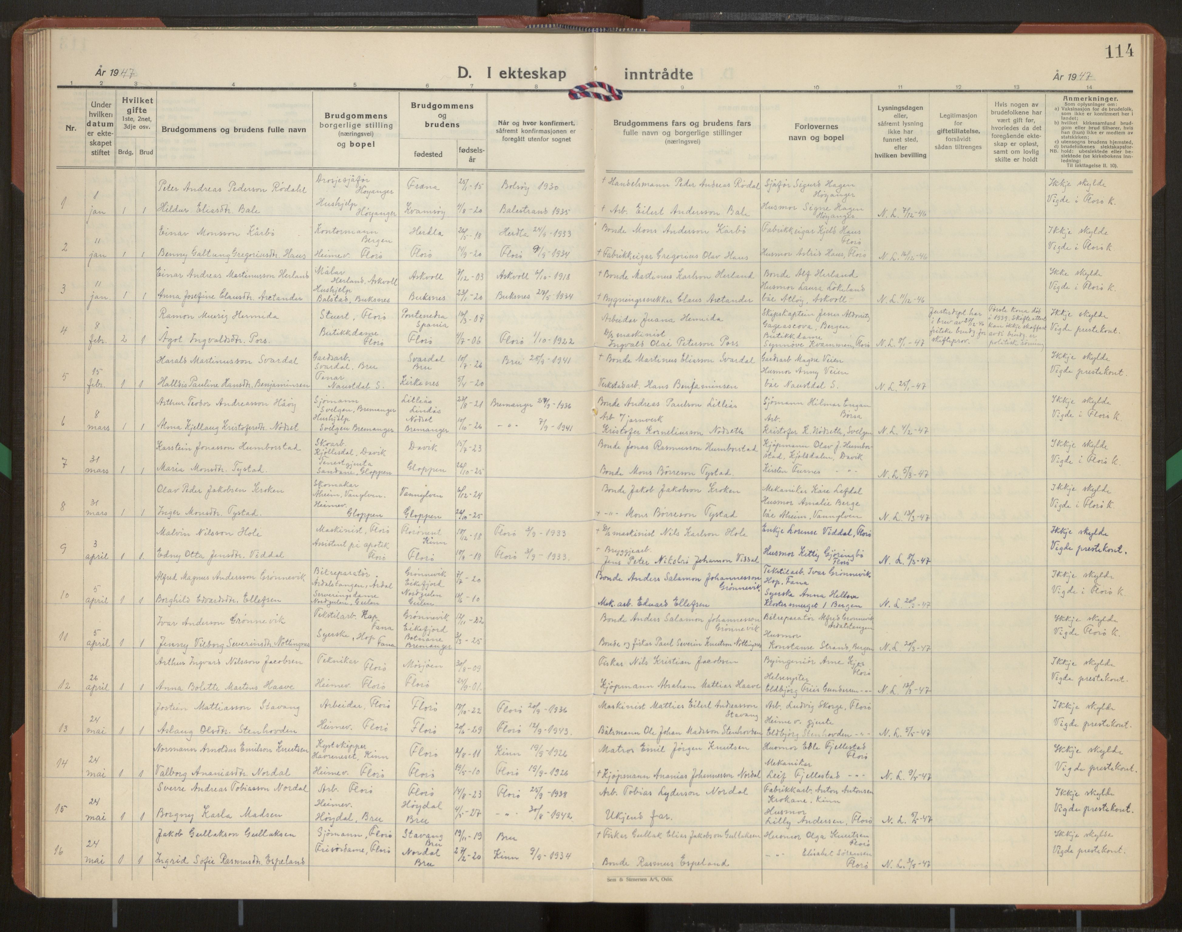 Kinn sokneprestembete, SAB/A-80801/H/Hab/Habb/L0001: Parish register (copy) no. B 1, 1939-1959, p. 114