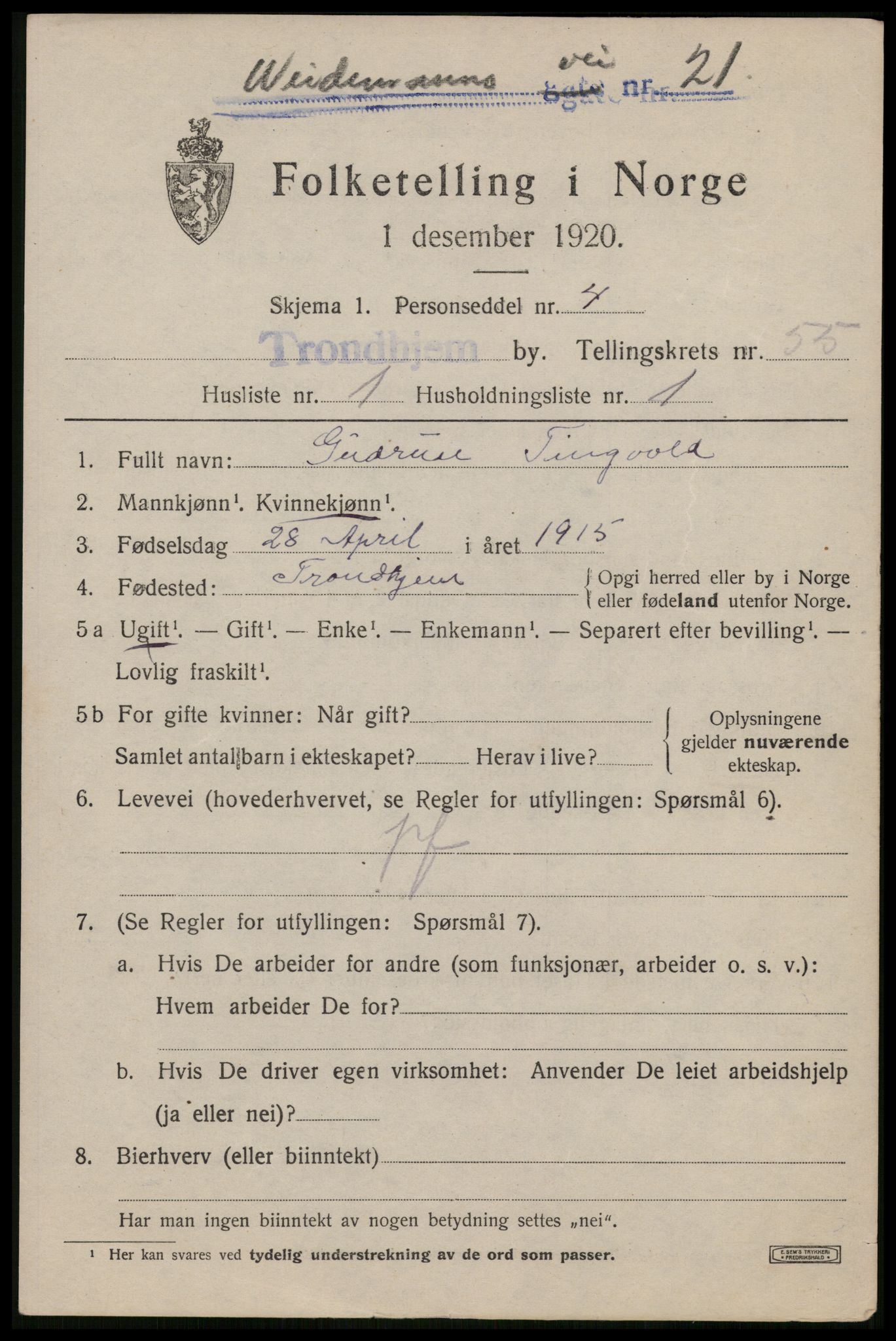 SAT, 1920 census for Trondheim, 1920, p. 111436