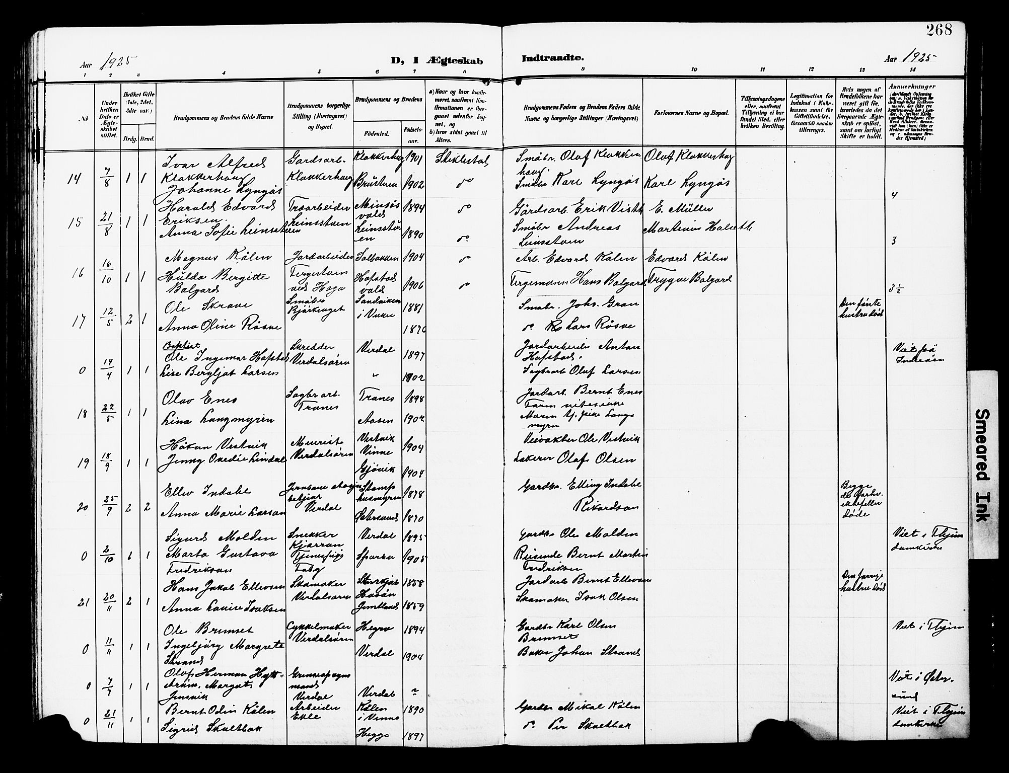 Ministerialprotokoller, klokkerbøker og fødselsregistre - Nord-Trøndelag, AV/SAT-A-1458/723/L0258: Parish register (copy) no. 723C06, 1908-1927, p. 268