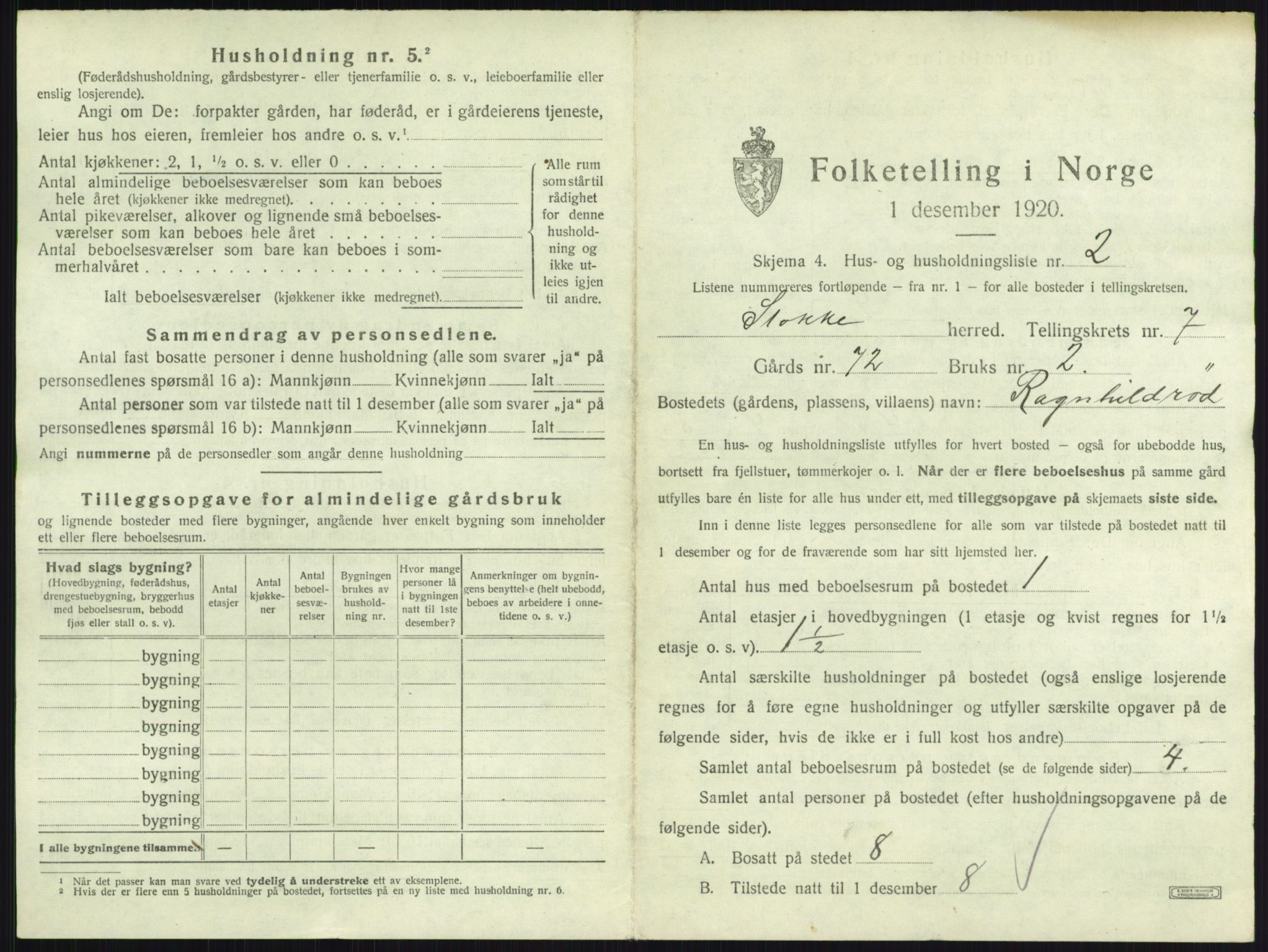 SAKO, 1920 census for Stokke, 1920, p. 1203