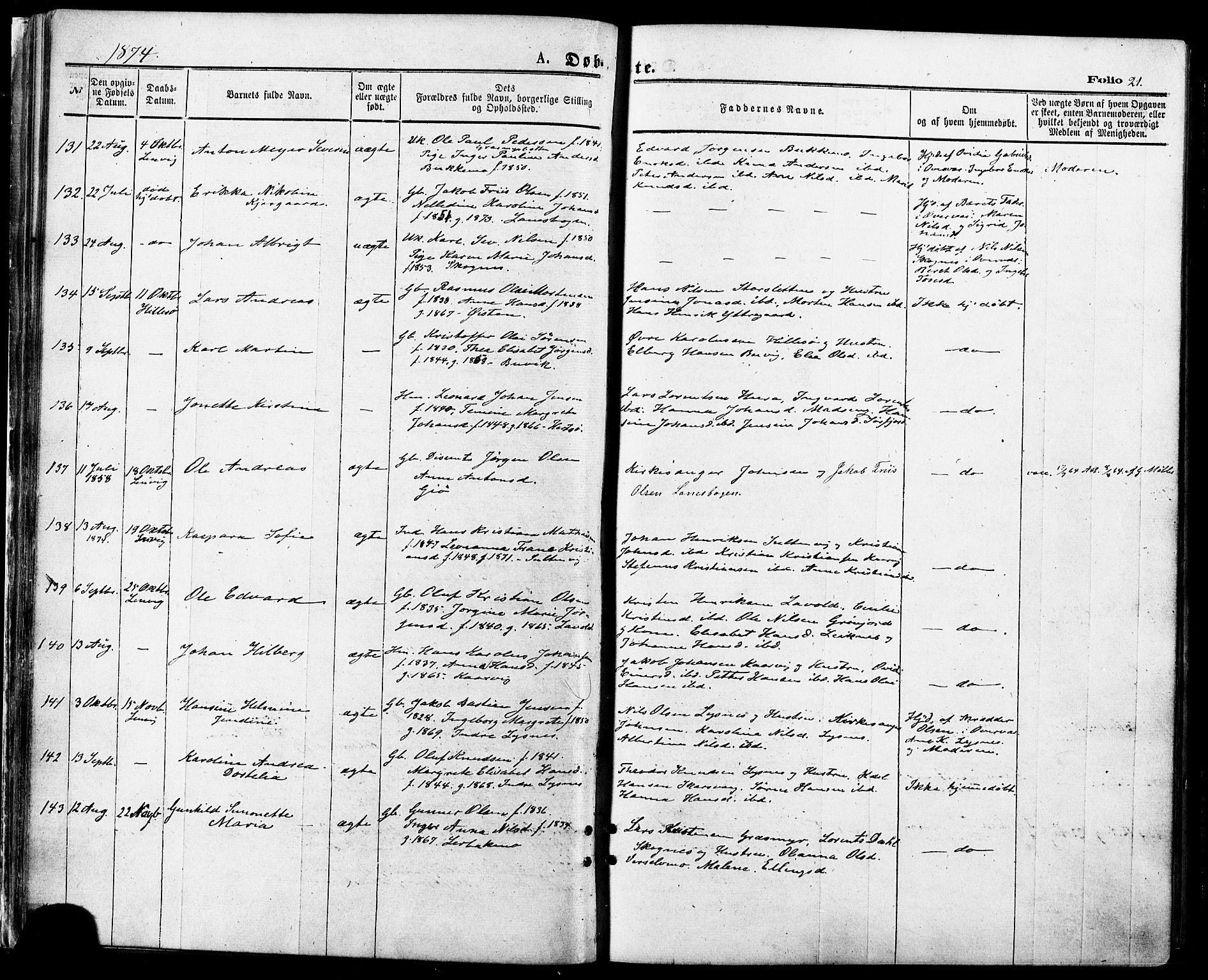 Lenvik sokneprestembete, AV/SATØ-S-1310/H/Ha/Haa/L0010kirke: Parish register (official) no. 10, 1873-1880, p. 21