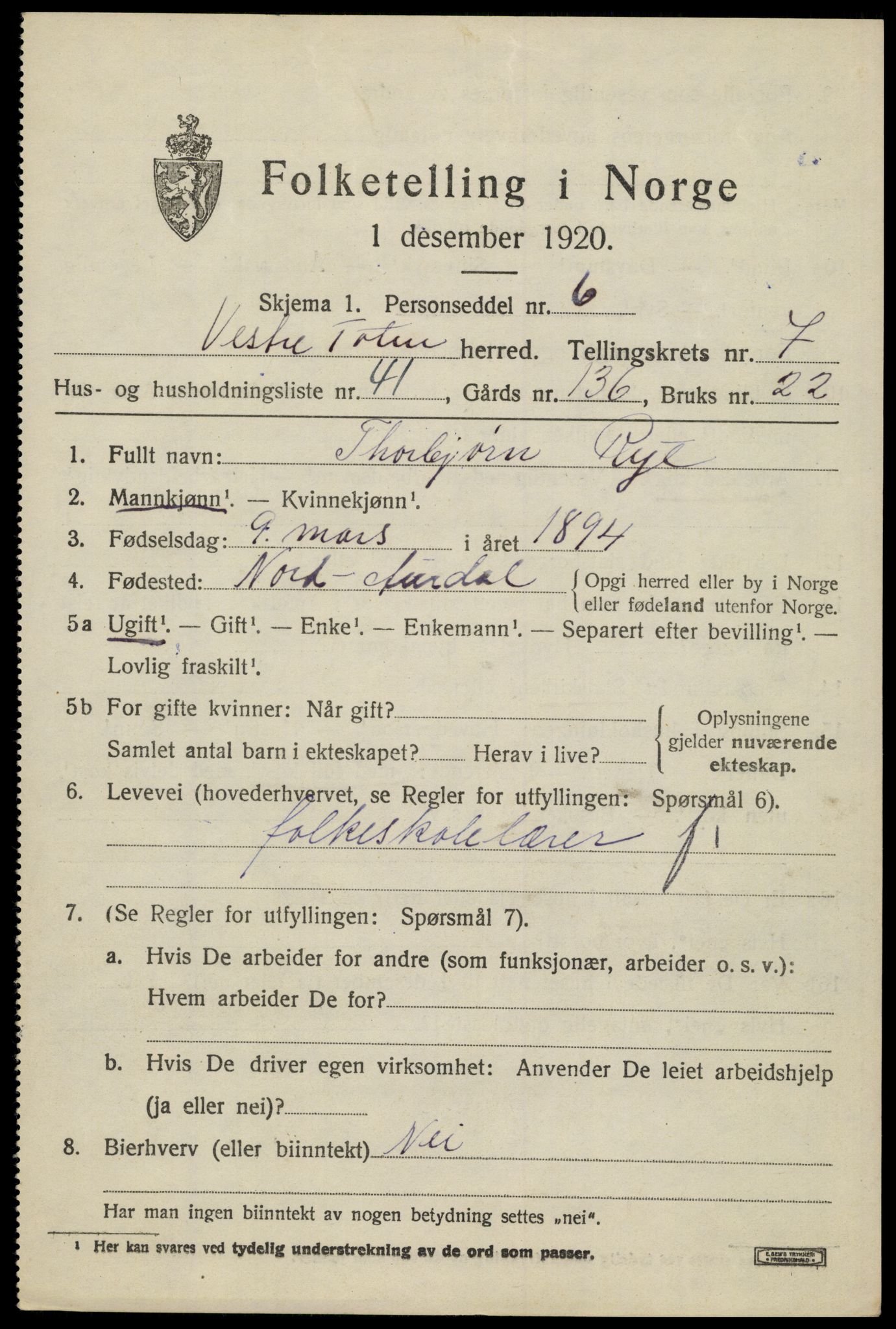 SAH, 1920 census for Vestre Toten, 1920, p. 9682