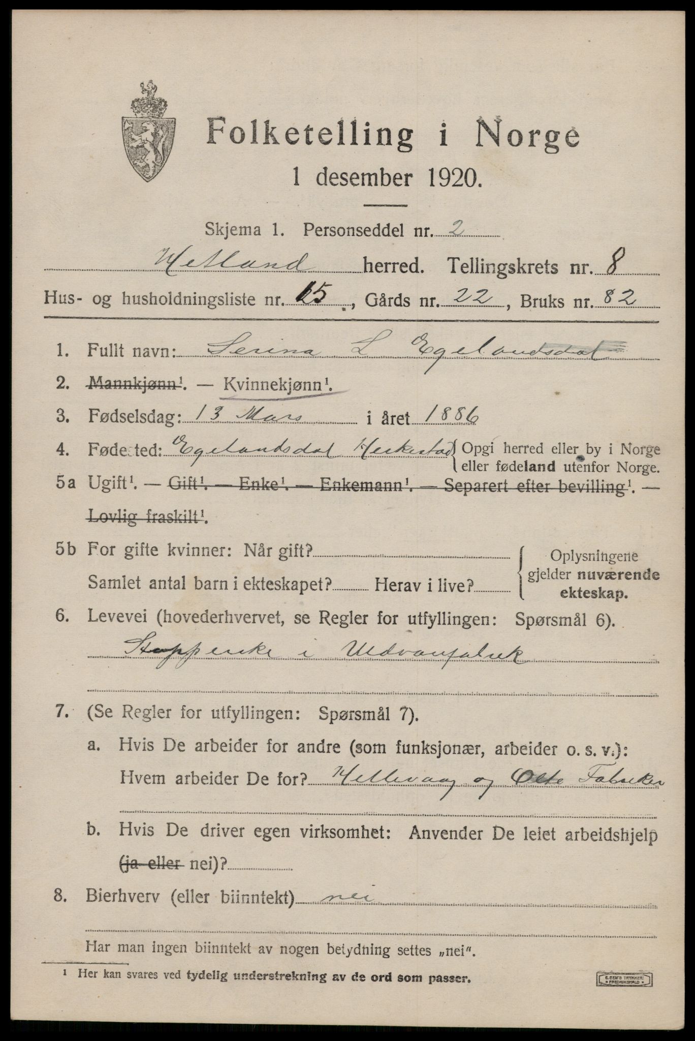 SAST, 1920 census for Hetland, 1920, p. 15749