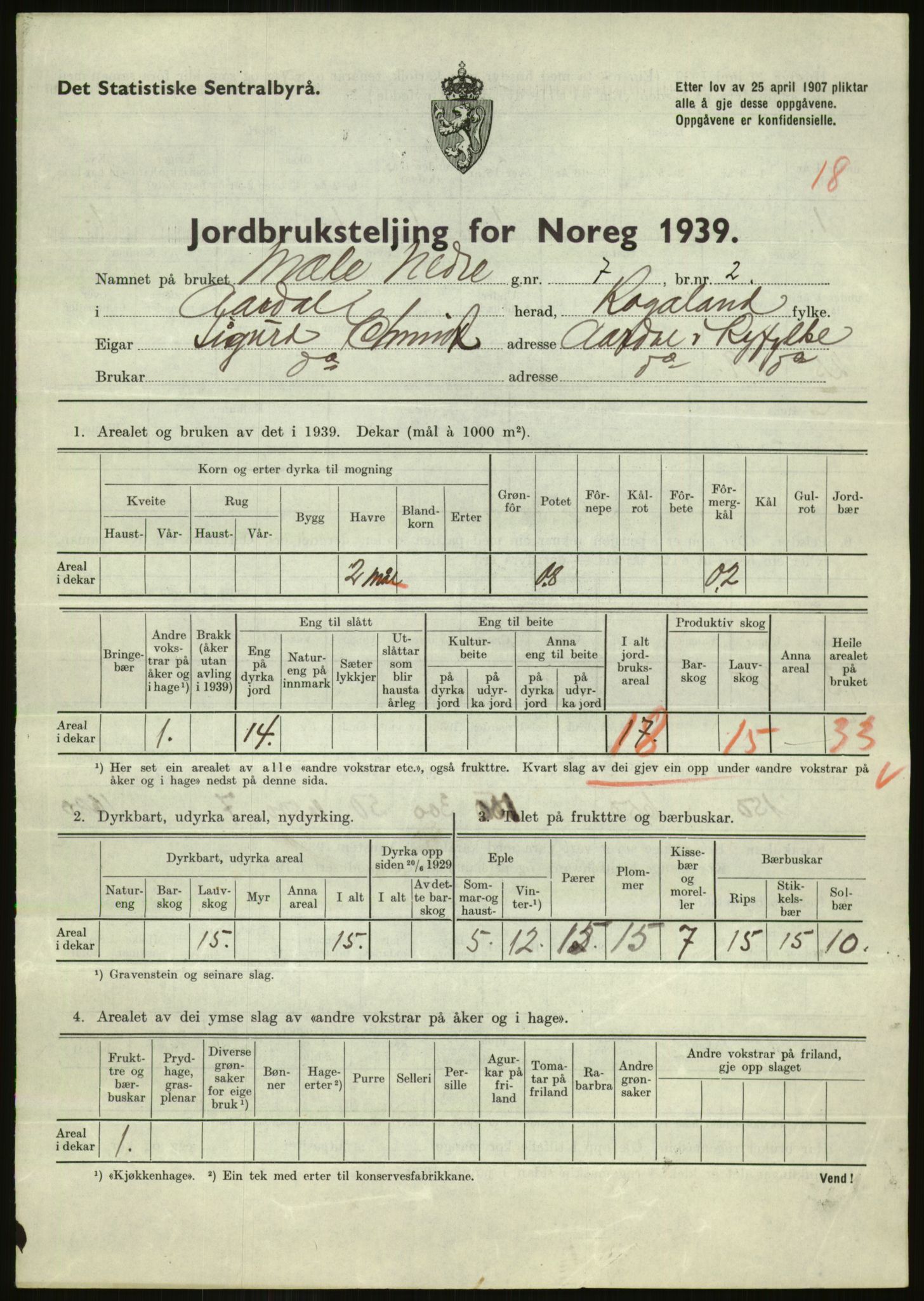 Statistisk sentralbyrå, Næringsøkonomiske emner, Jordbruk, skogbruk, jakt, fiske og fangst, AV/RA-S-2234/G/Gb/L0184: Rogaland: Årdal, Fister og Hjelmeland, 1939, p. 529