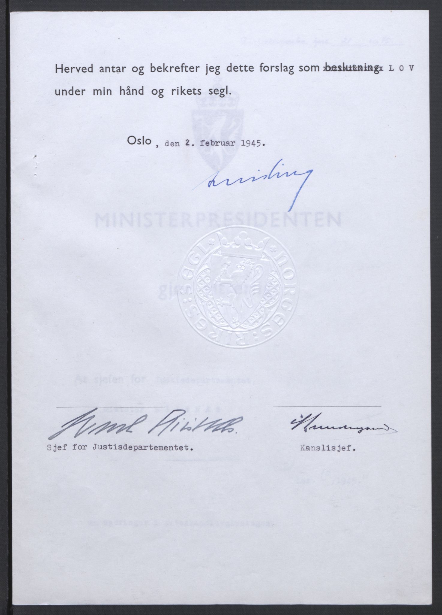 NS-administrasjonen 1940-1945 (Statsrådsekretariatet, de kommisariske statsråder mm), AV/RA-S-4279/D/Db/L0101/0001: -- / Lover og vedtak, 1945, p. 44