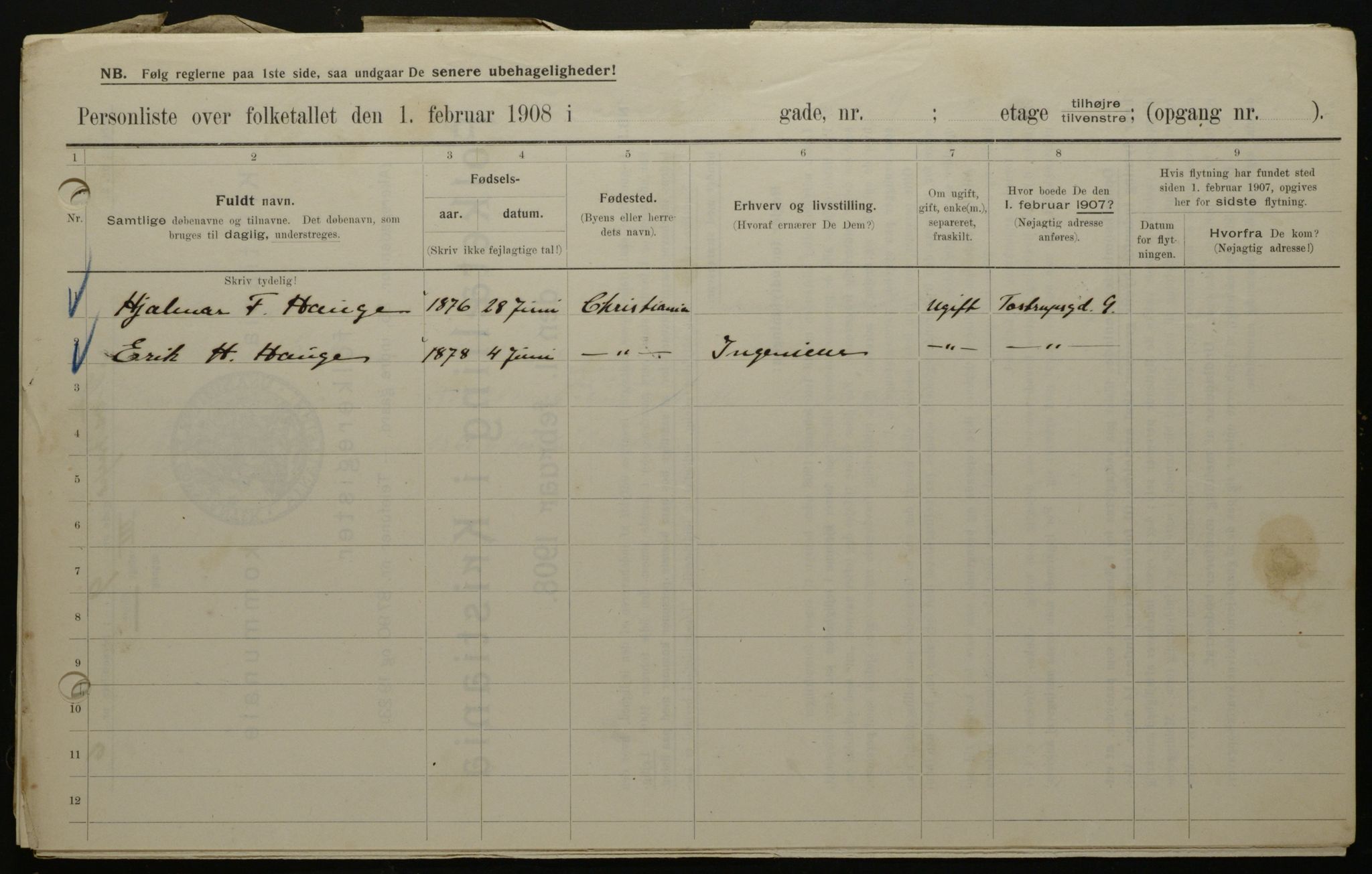 OBA, Municipal Census 1908 for Kristiania, 1908, p. 103674