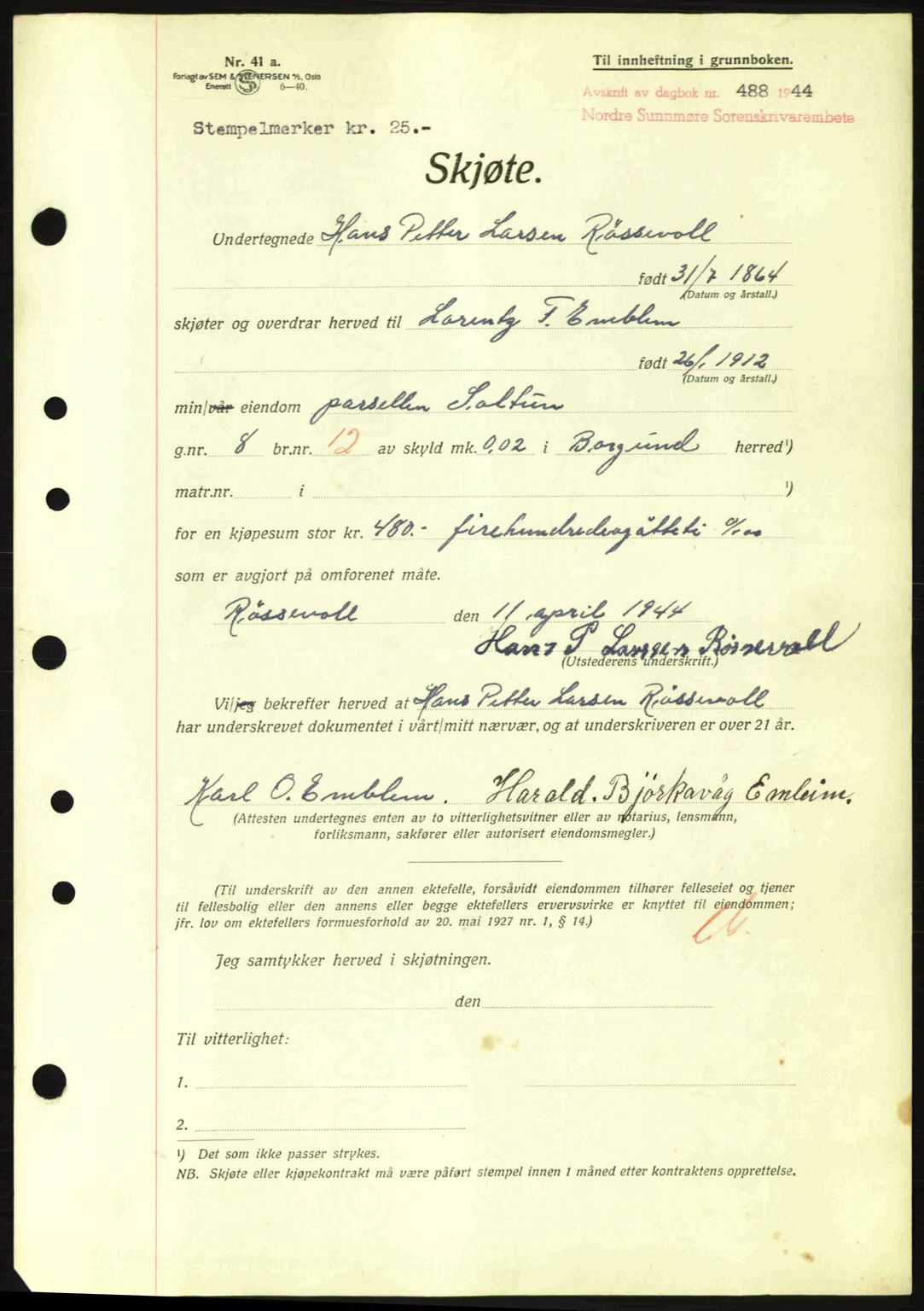 Nordre Sunnmøre sorenskriveri, AV/SAT-A-0006/1/2/2C/2Ca: Mortgage book no. A17, 1943-1944, Diary no: : 488/1944