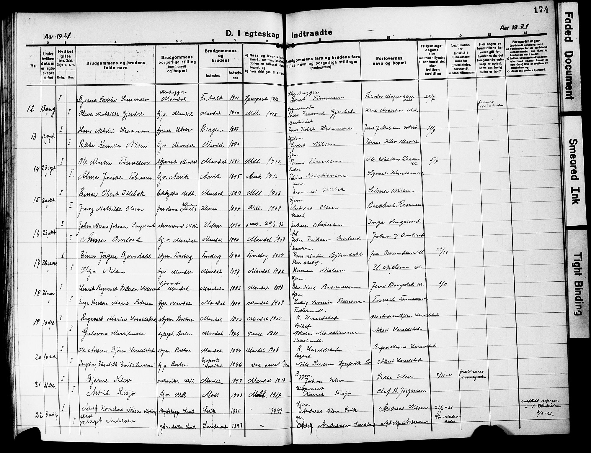 Mandal sokneprestkontor, SAK/1111-0030/F/Fb/Fbc/L0001: Parish register (copy) no. B 1, 1918-1931, p. 174