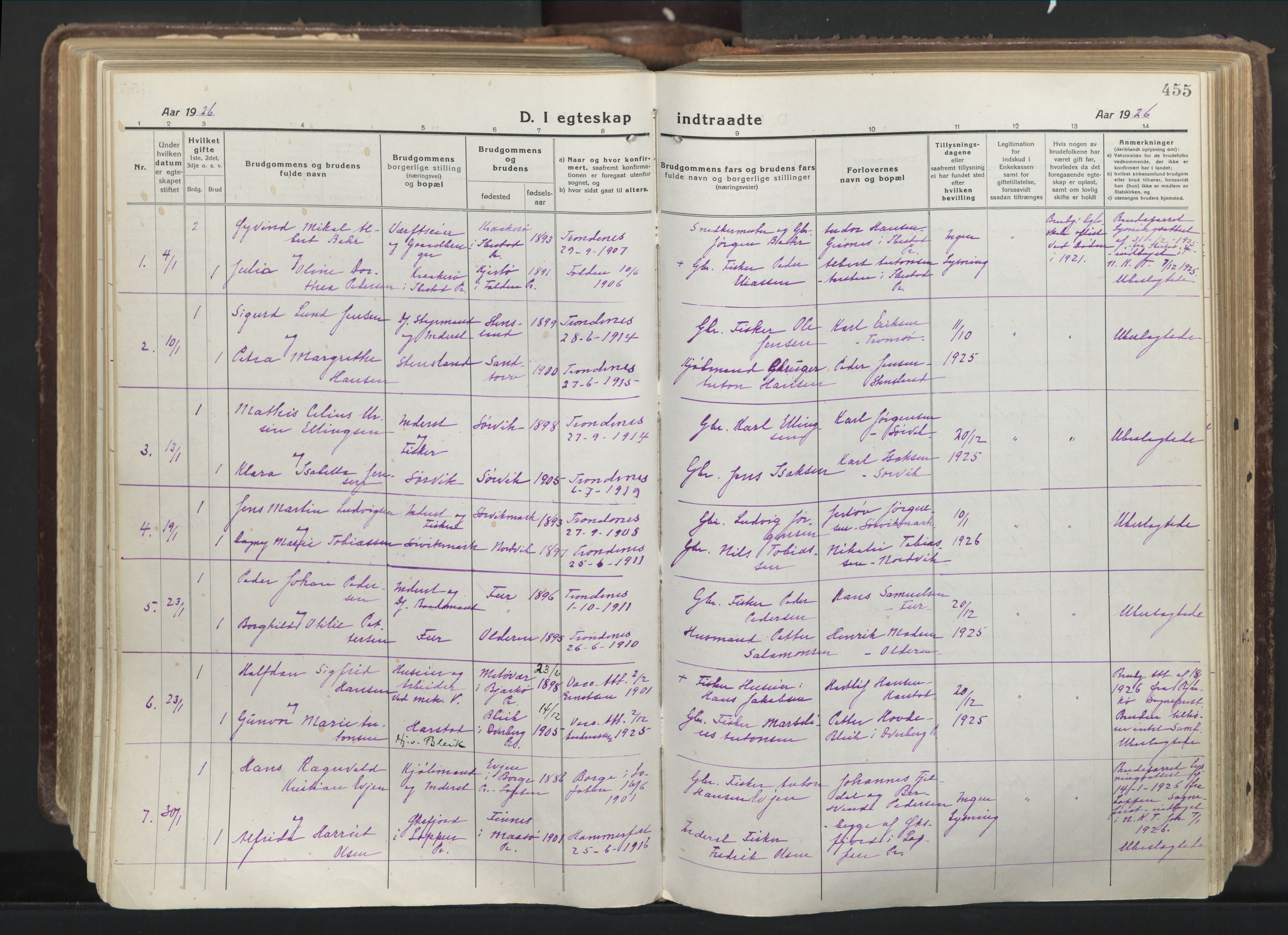 Trondenes sokneprestkontor, SATØ/S-1319/H/Ha/L0019kirke: Parish register (official) no. 19, 1919-1928, p. 455