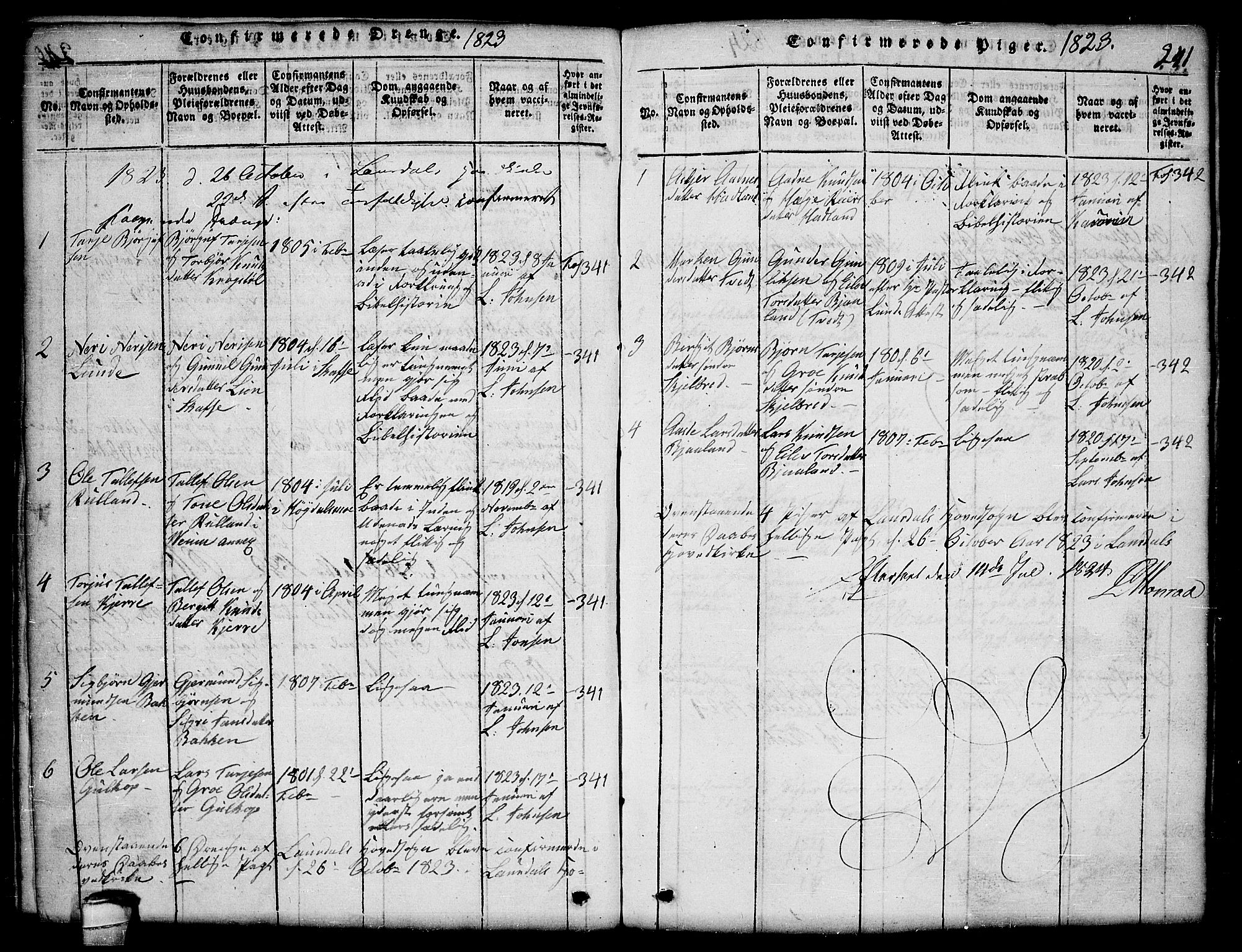 Lårdal kirkebøker, SAKO/A-284/G/Ga/L0001: Parish register (copy) no. I 1, 1815-1861, p. 241