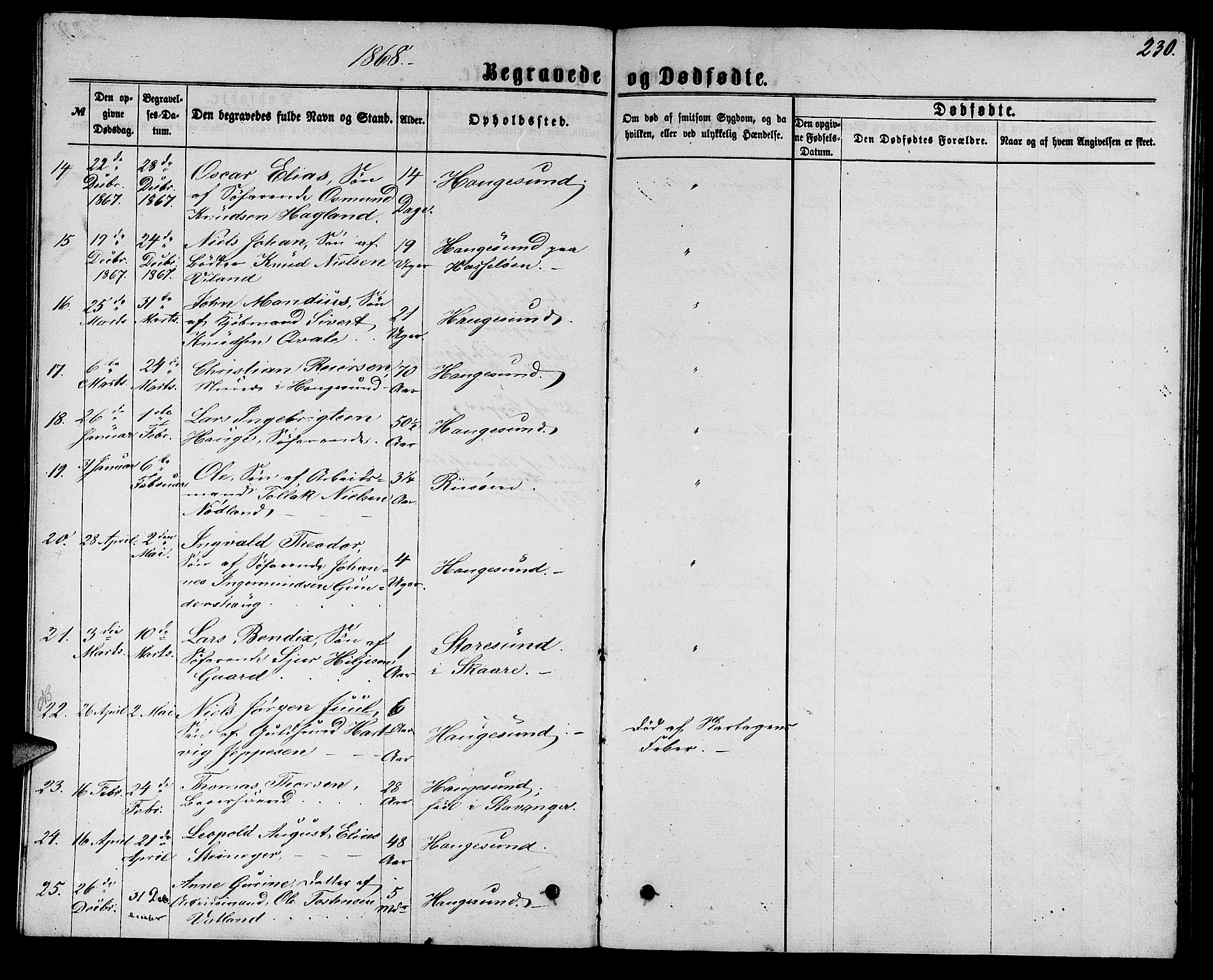 Torvastad sokneprestkontor, AV/SAST-A -101857/H/Ha/Hab/L0007: Parish register (copy) no. B 7, 1866-1873, p. 230