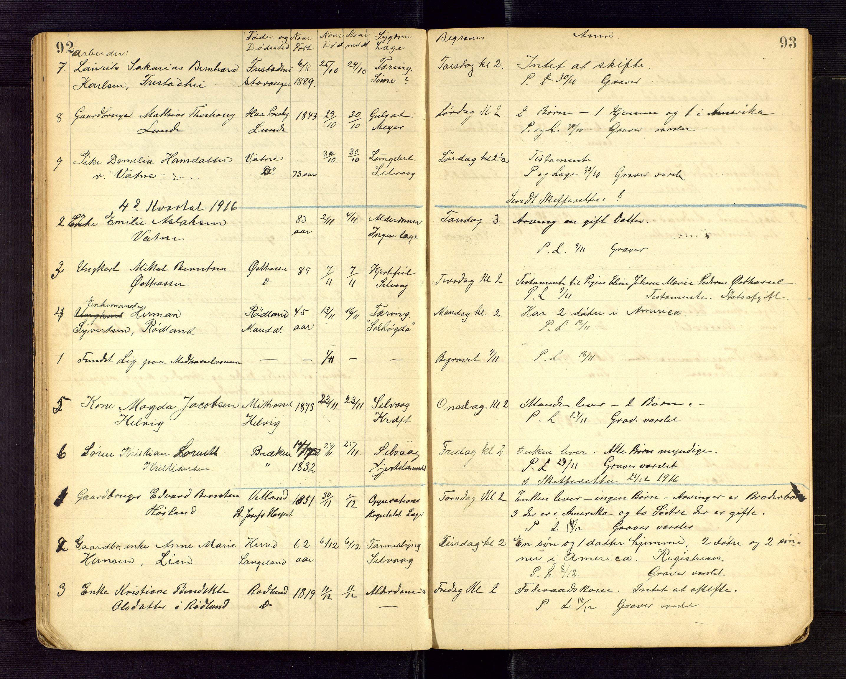 Lista lensmannskontor, AV/SAK-1241-0030/F/Fe/L0001/0002: Dødsfallsprotokoller nr 12 / Dødsfallsprotokoll, 1911-1922, p. 92-93