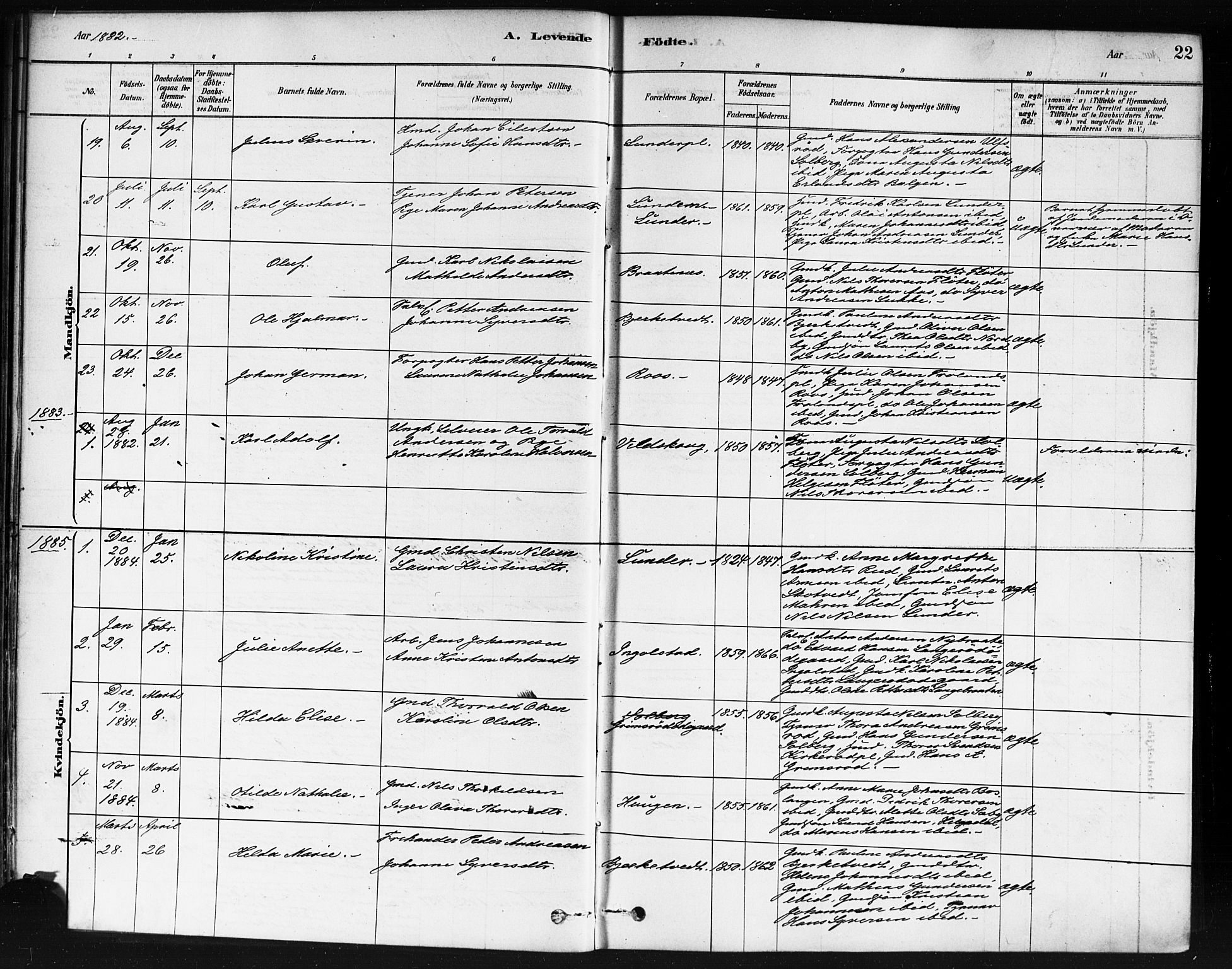 Våler prestekontor Kirkebøker, AV/SAO-A-11083/F/Fb/L0001: Parish register (official) no. II 1, 1878-1896, p. 22