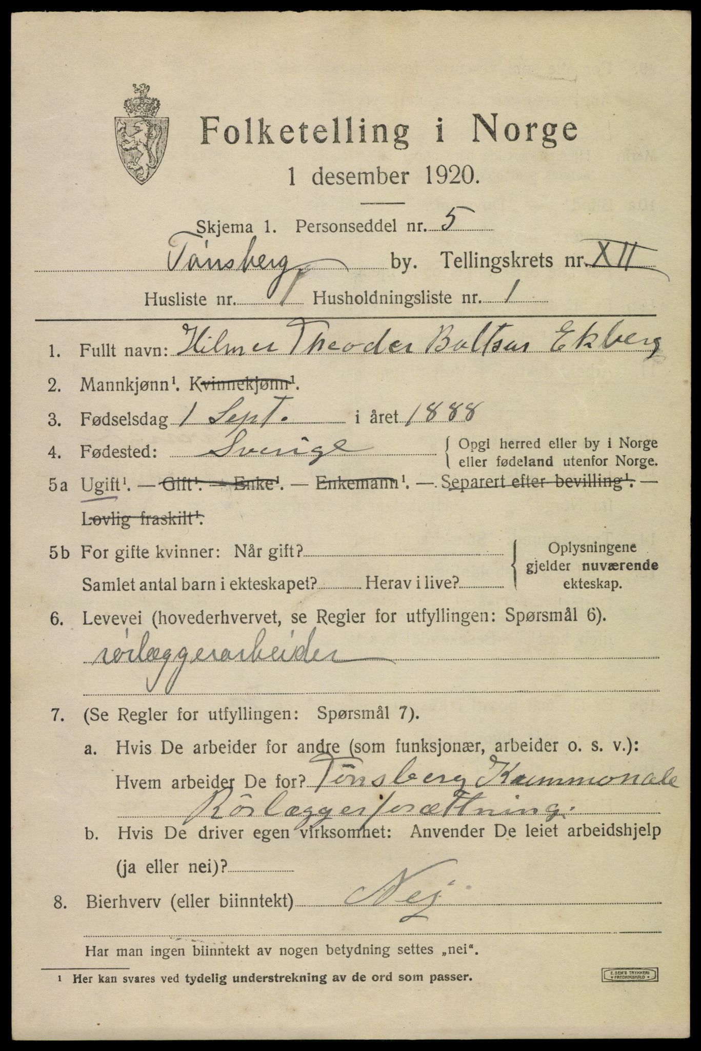 SAKO, 1920 census for Tønsberg, 1920, p. 19973