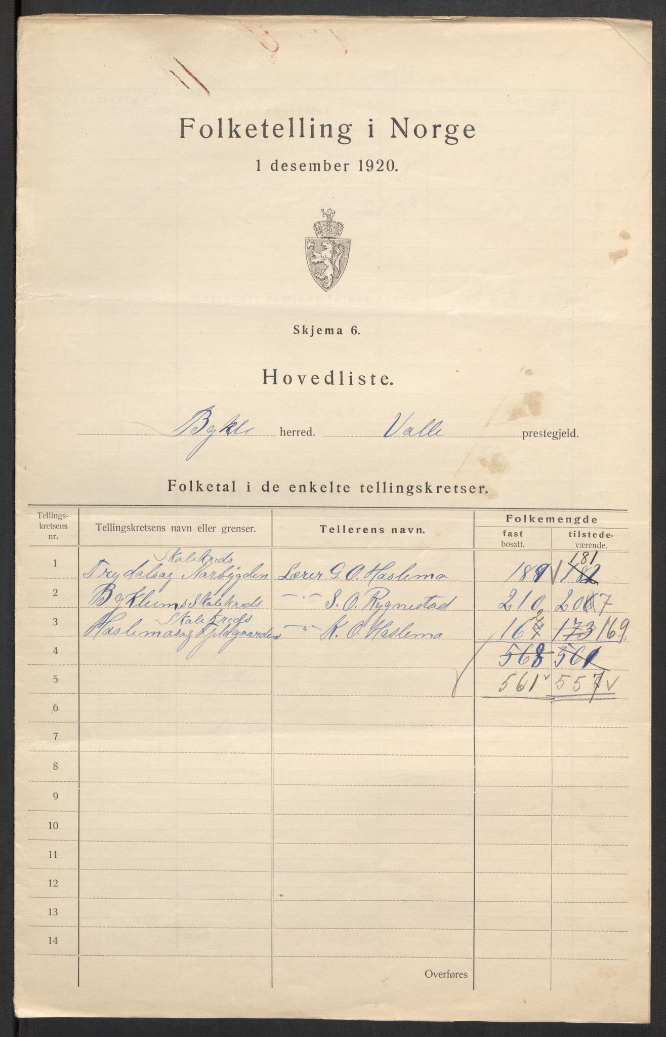 SAK, 1920 census for Bykle, 1920, p. 5