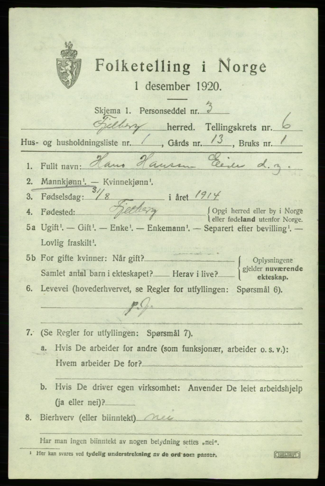 SAB, 1920 census for Fjelberg, 1920, p. 2185