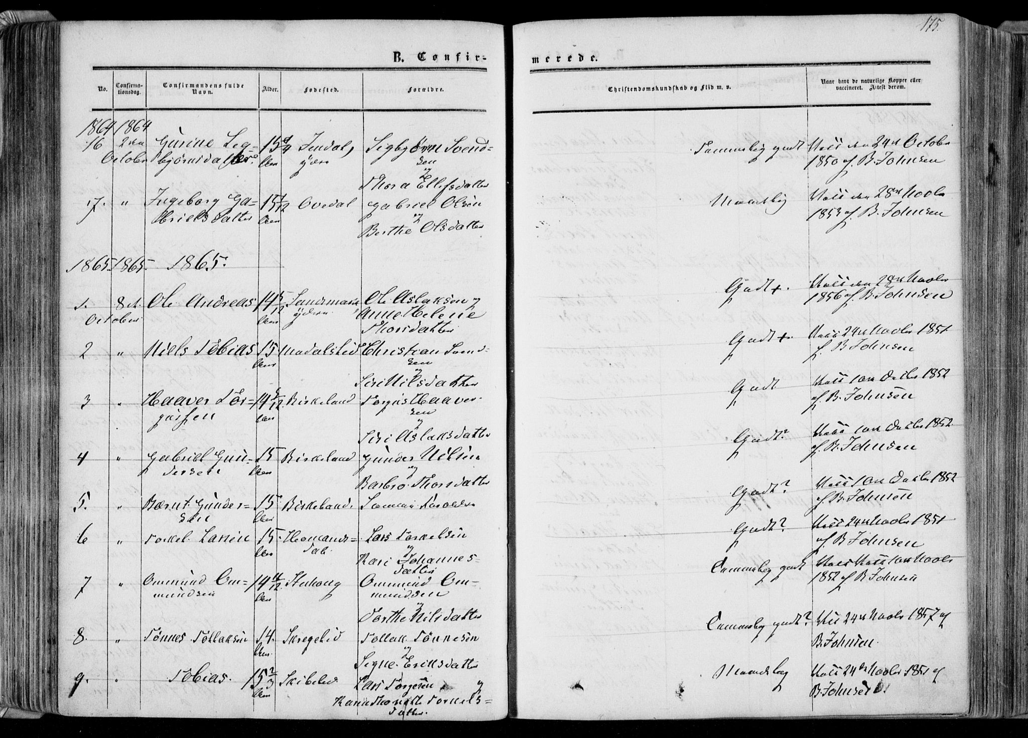 Bakke sokneprestkontor, SAK/1111-0002/F/Fa/Faa/L0006: Parish register (official) no. A 6, 1855-1877, p. 175