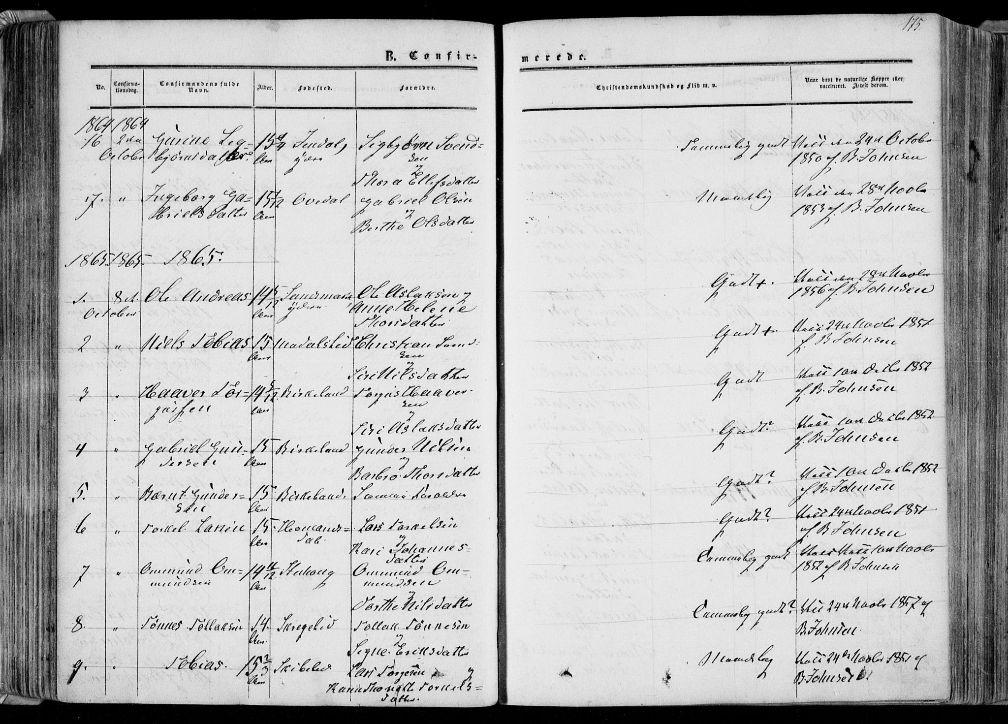 Bakke sokneprestkontor, AV/SAK-1111-0002/F/Fa/Faa/L0006: Parish register (official) no. A 6, 1855-1877, p. 175