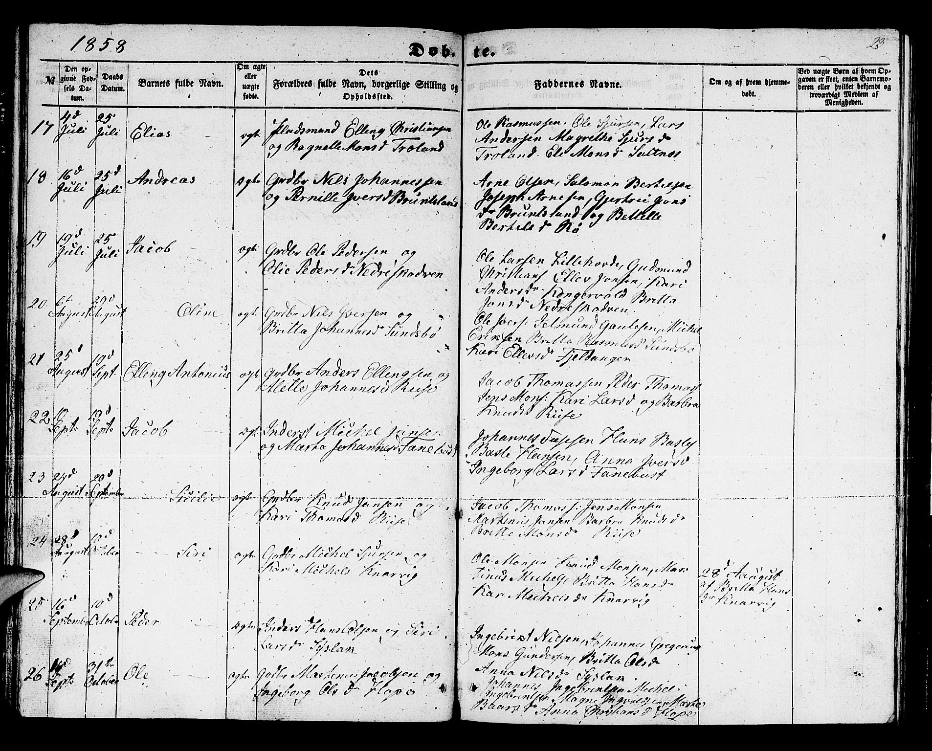 Lindås Sokneprestembete, SAB/A-76701/H/Hab: Parish register (copy) no. B 1, 1853-1866, p. 23