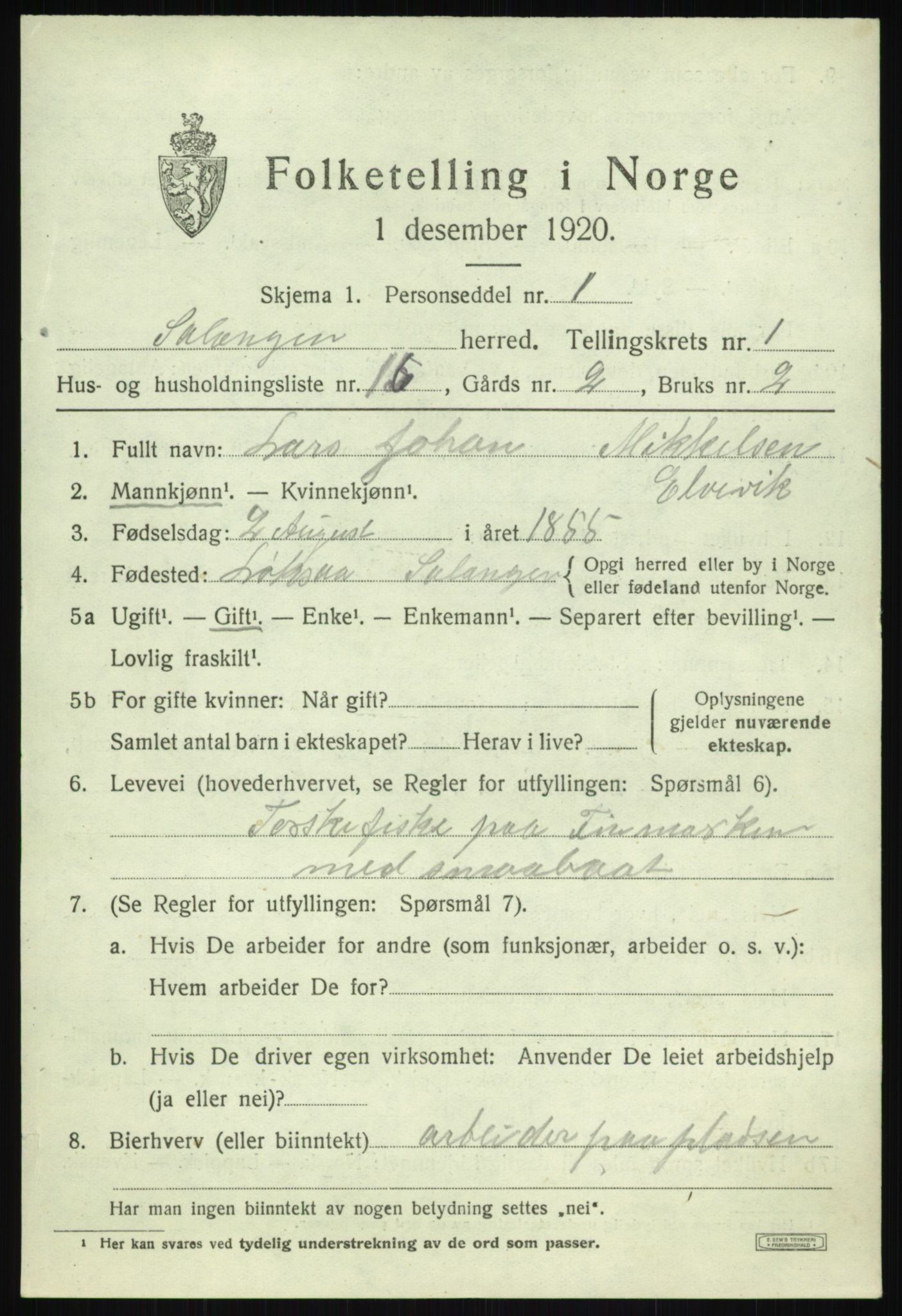 SATØ, 1920 census for Salangen, 1920, p. 1150