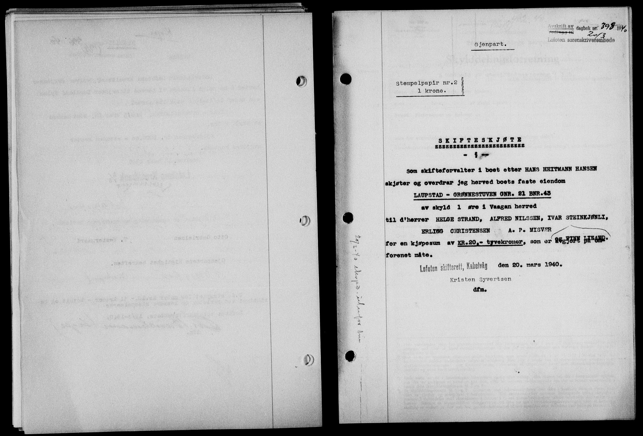 Lofoten sorenskriveri, SAT/A-0017/1/2/2C/L0007a: Mortgage book no. 7a, 1939-1940, Diary no: : 398/1940